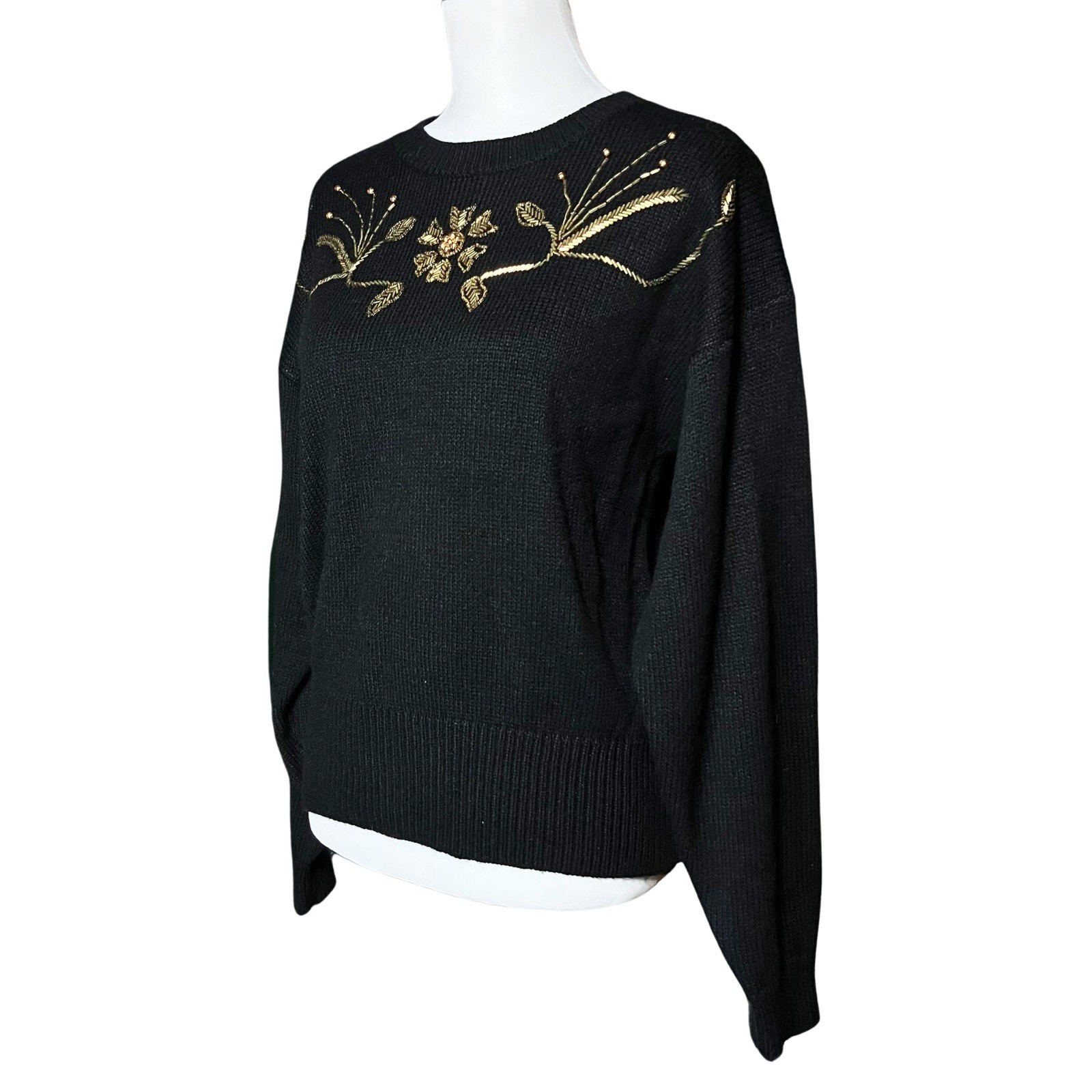 Vintage 90s Black Russ Sweater with Gold Floral Beading. S/M. Retro, Maximalism