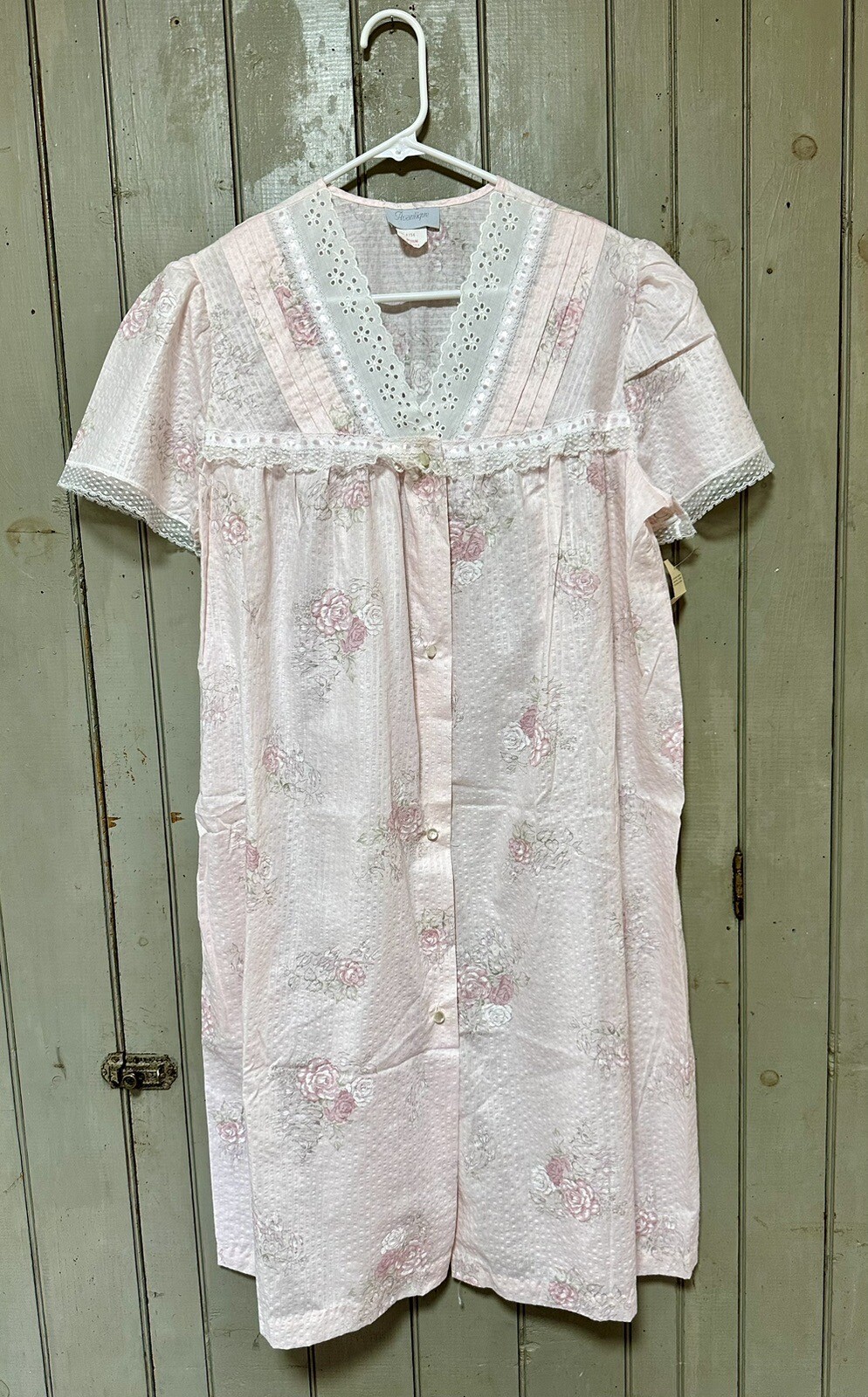 Vintage Delicate Lightweight Housecoat Robe, Pink Floral, Eyelet Lace, M, NWT