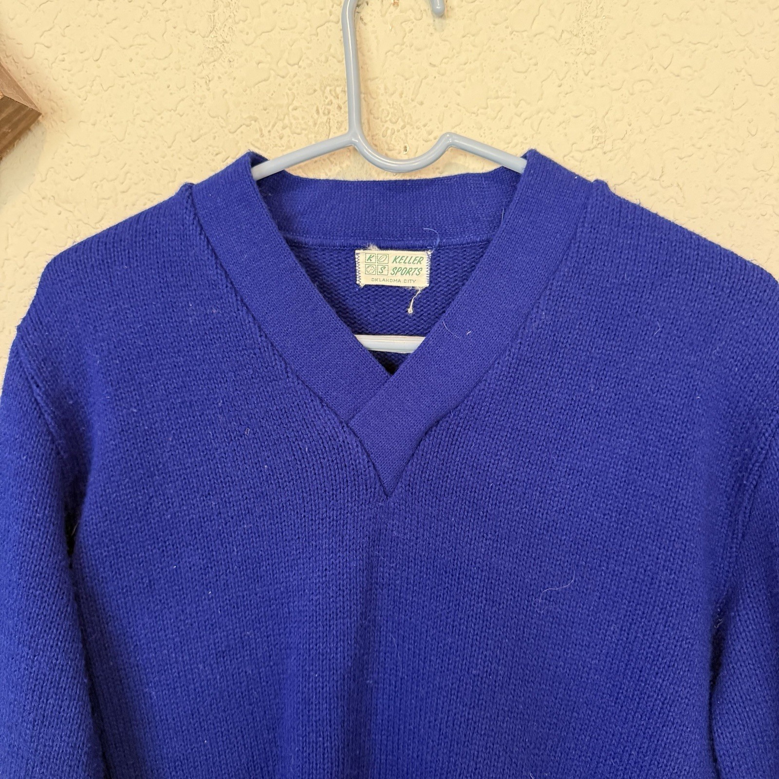 Vintage 50s/60s RARE Keller Sports OKC Blue Wool Cheer Knit Sweater Size Medium
