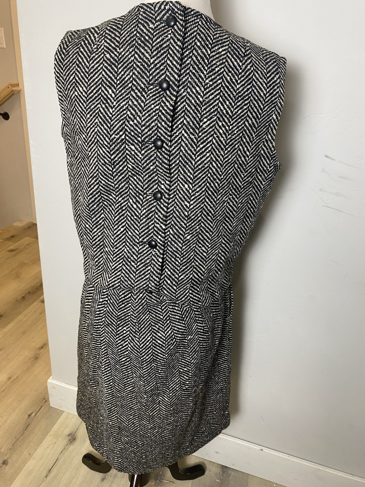 Vintage Mixed Media MOD Leather Herringbone Tweed Shift Dress Black 2-Piece