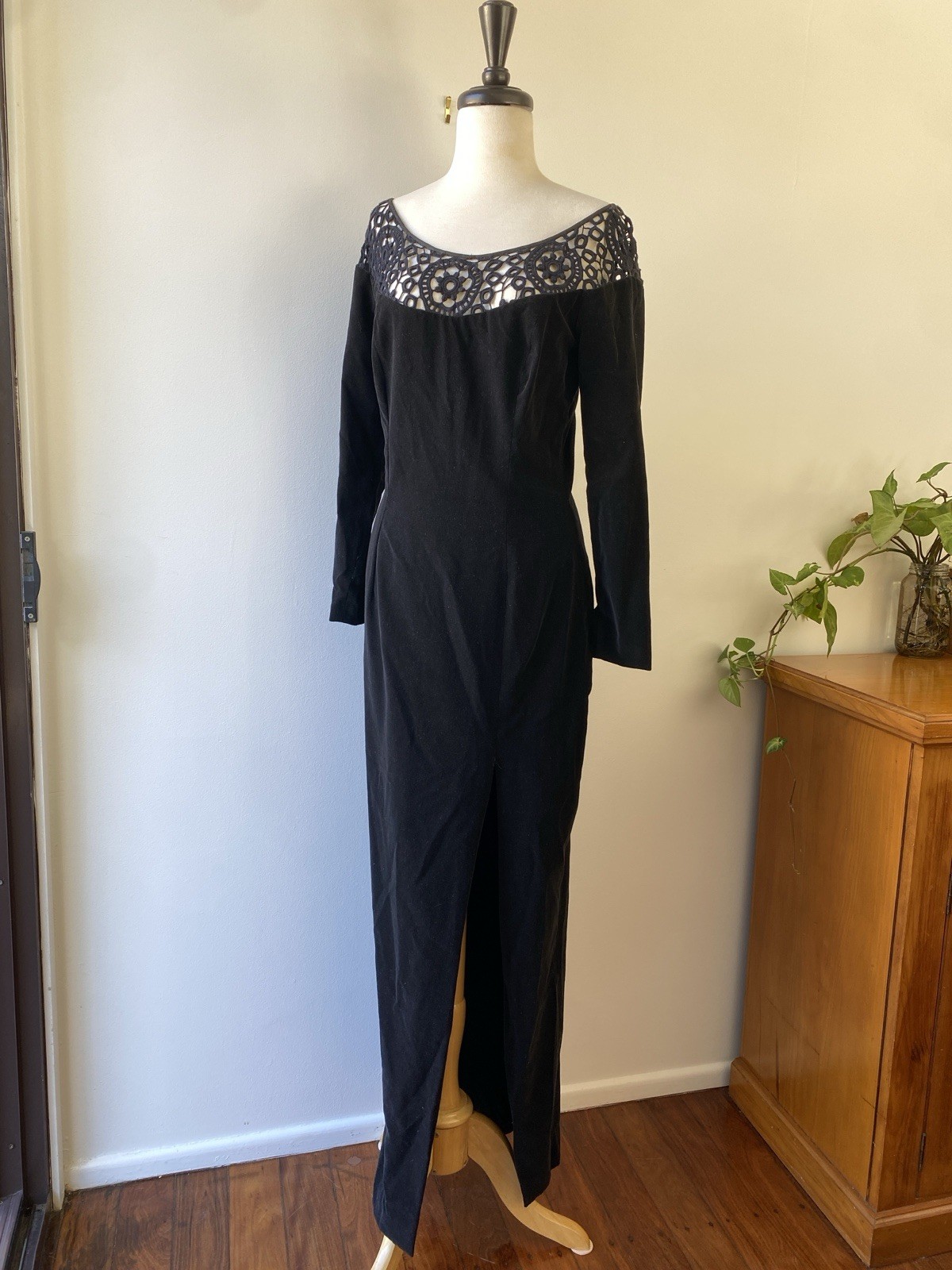 Mariana Hardwick Vintage Black Velvet Dress 12 AU 8 US Lace Long Sleeve Evening