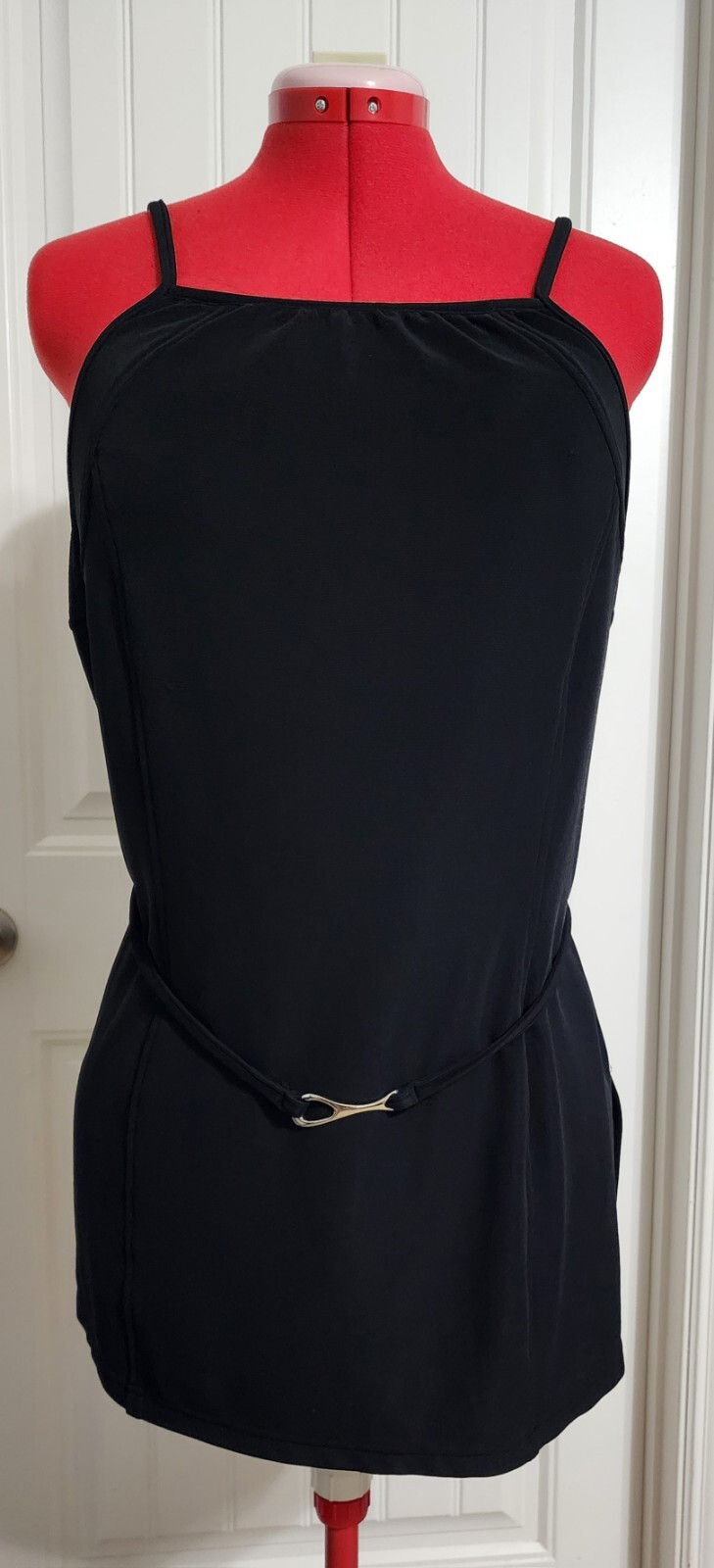Vintage 90s Lew Magram Sleeveless High Neck Belted Black Stretch Mini Dress XL