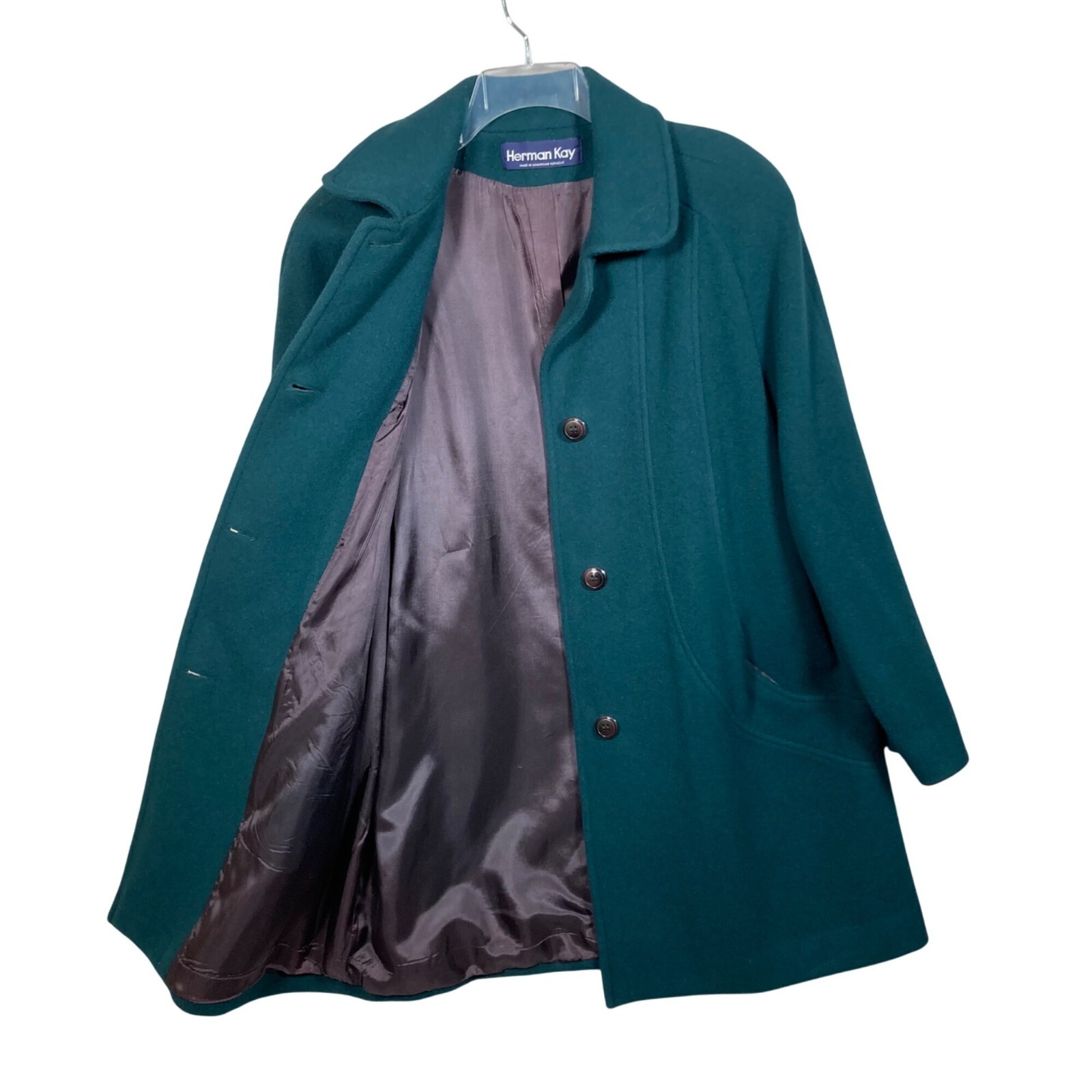 Vintage Herman Kay Womens Dark Green Wool Blend Long Coat Button Pockets Size 16