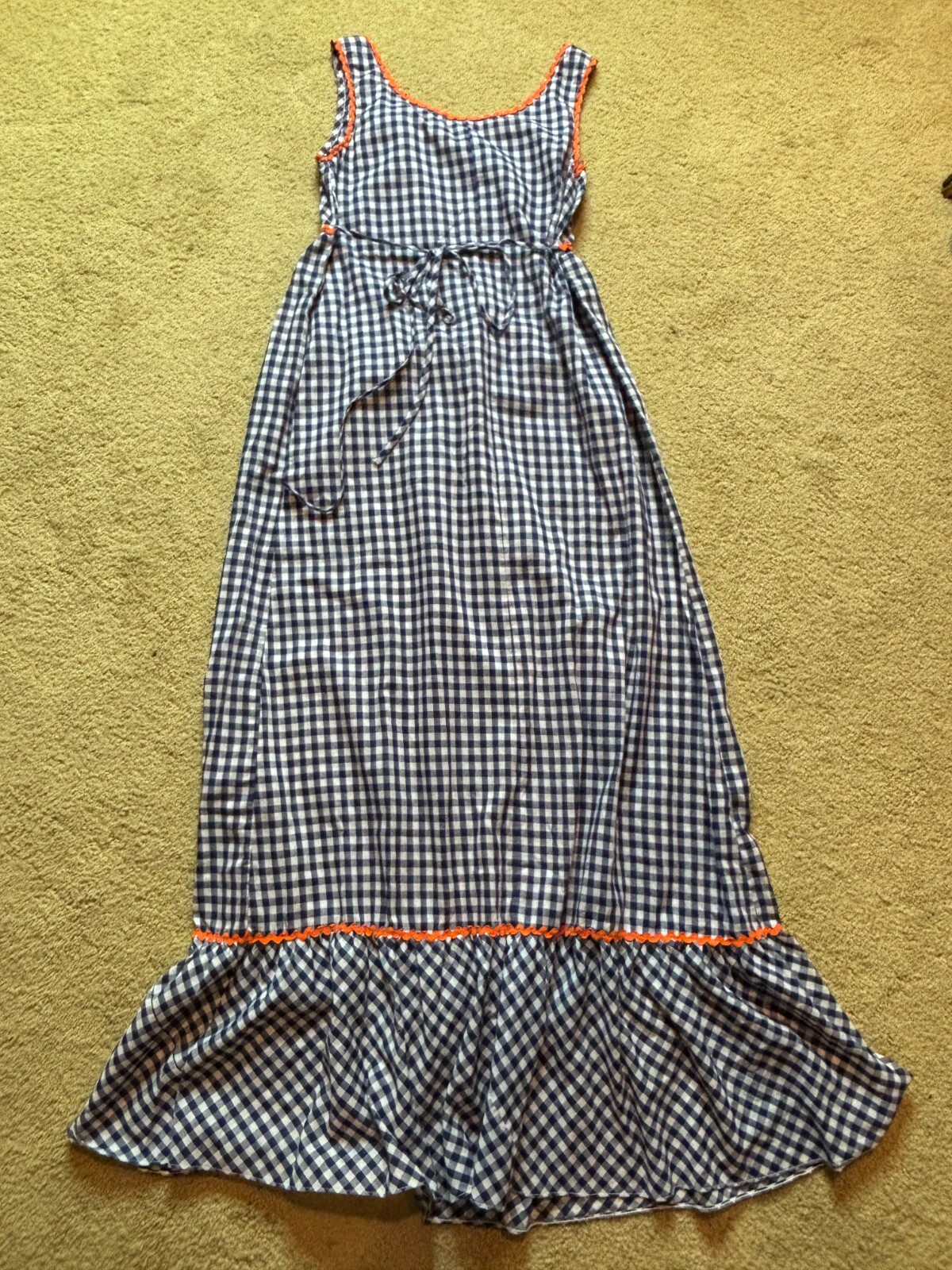 Vintage 70s Joseph Magnin Embroidered Gingham Maxi Dress Boho Hippy Sunflower XS