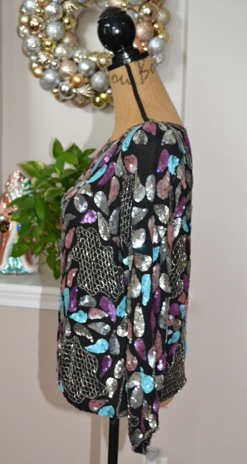 Pure Silk Vtg 1980 s Sequin Embroidered Beaded Blouse Designer Blouse sz M
