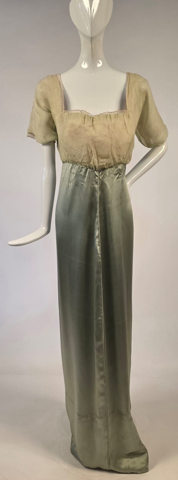 EDWARDIAN 1913 LIBERTY OF LONDON SILK SATIN + CHIFFON GOWN DRESS W TRAIN 