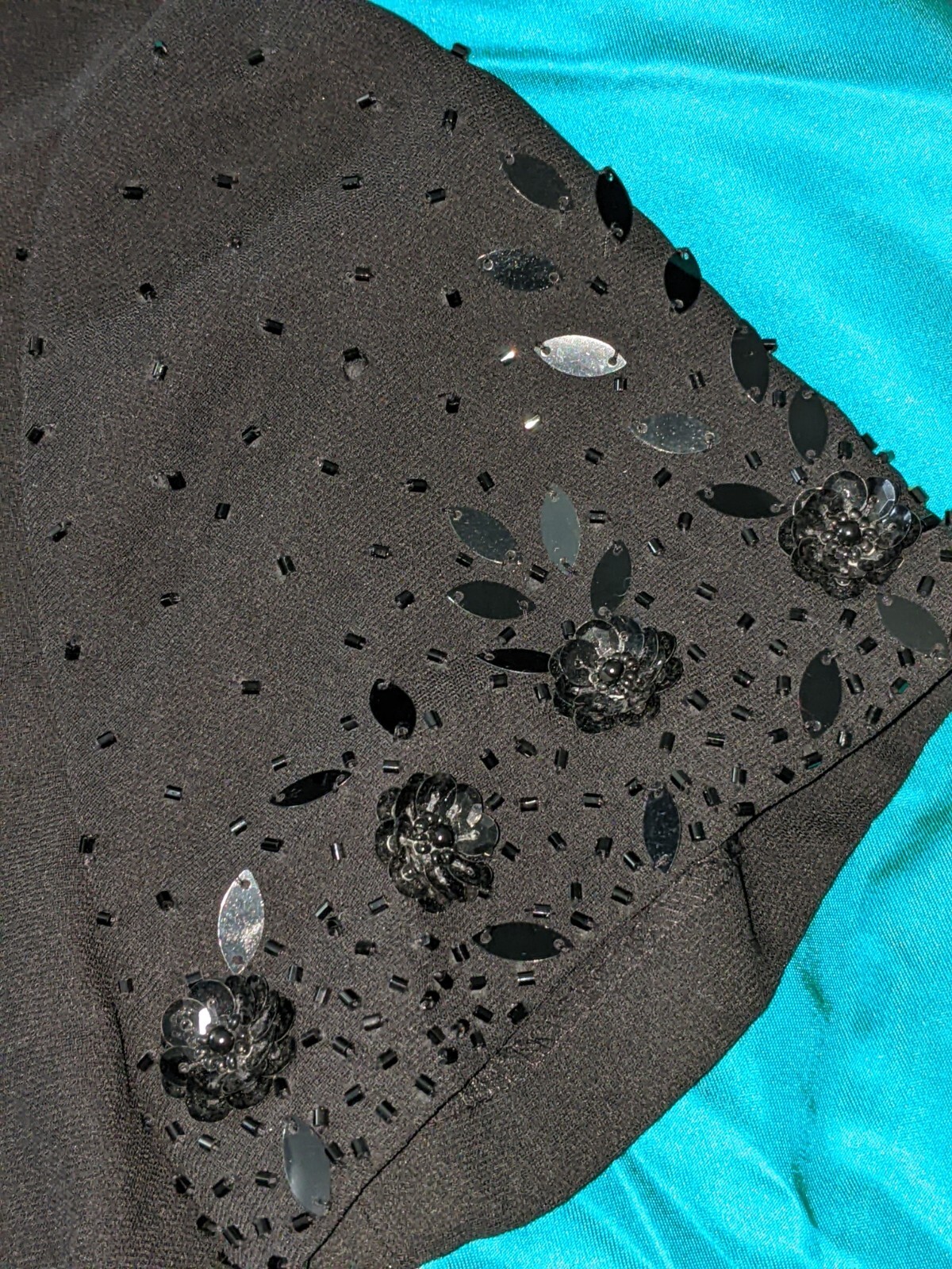 Vintage Donna Morgan Little Black Lined Satin Button Back Sequins Sleeve Dress