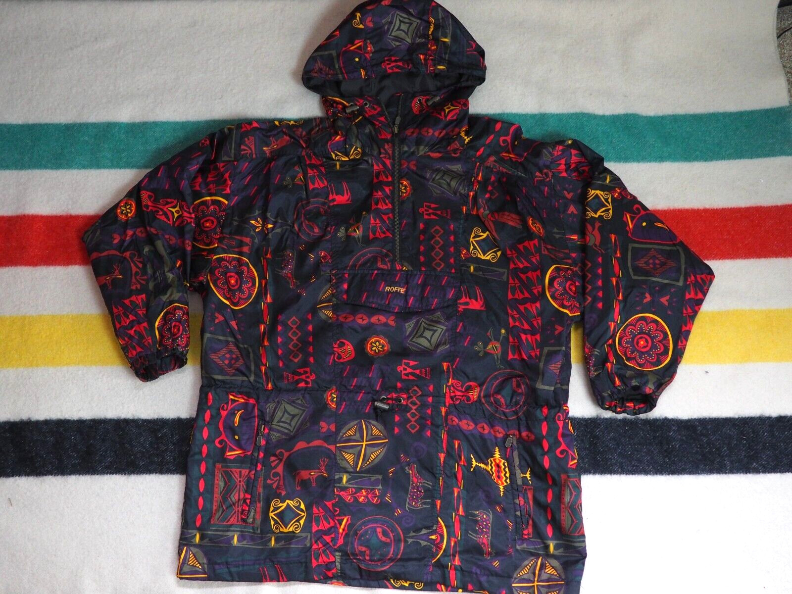 VTG 80s Roffe Indigenous Southwest Art Outdoor Anorak Belted Ski Jacket Womens M