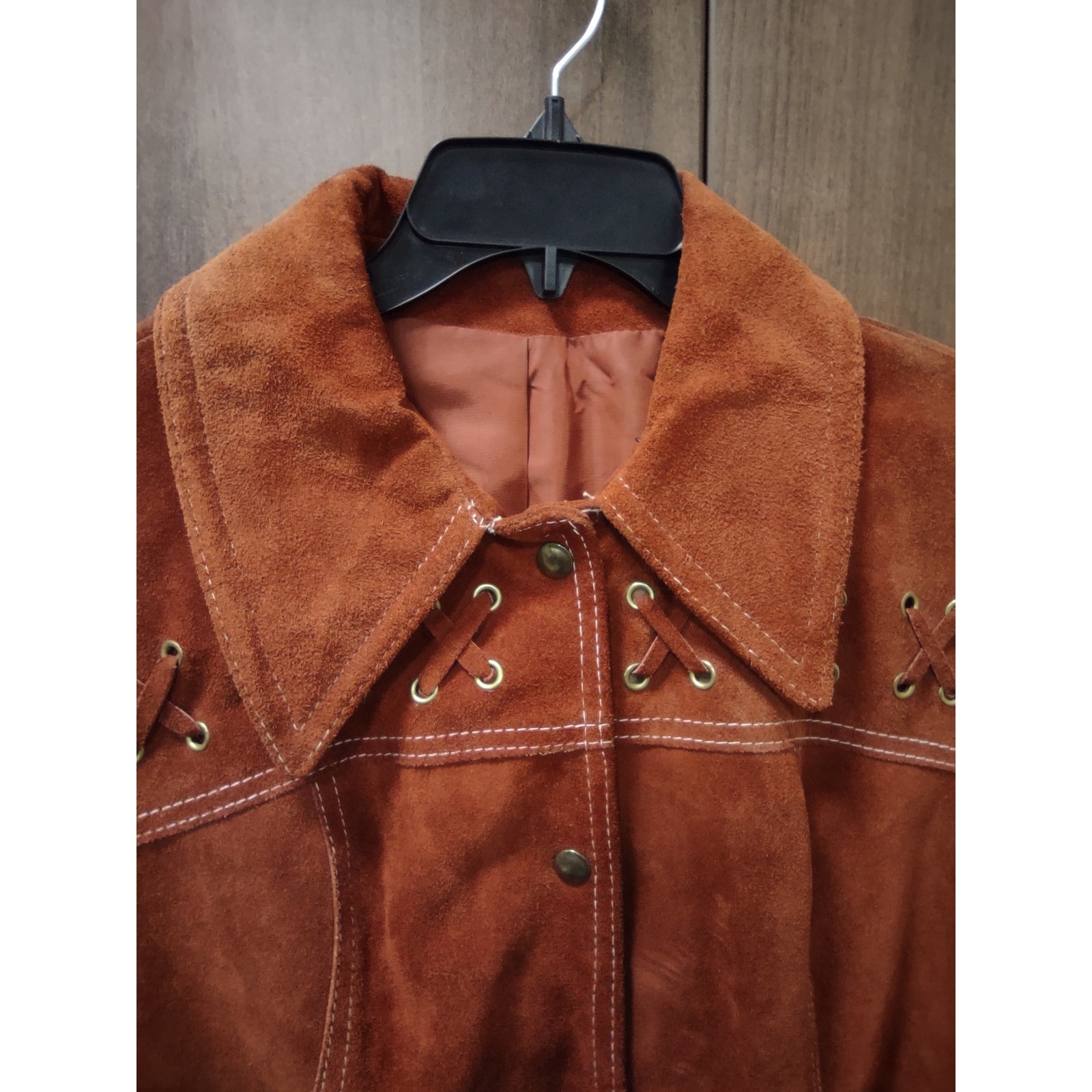 Vintage 70s Burnt Orange Suede Coat Womens Size 13 Snap Closure Lace Up Design