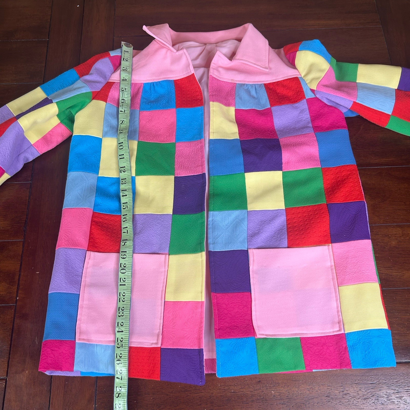 VTG 60s 70s Handmade Women’s Rainbow Polyester Patchwork Open Front Blazer Small