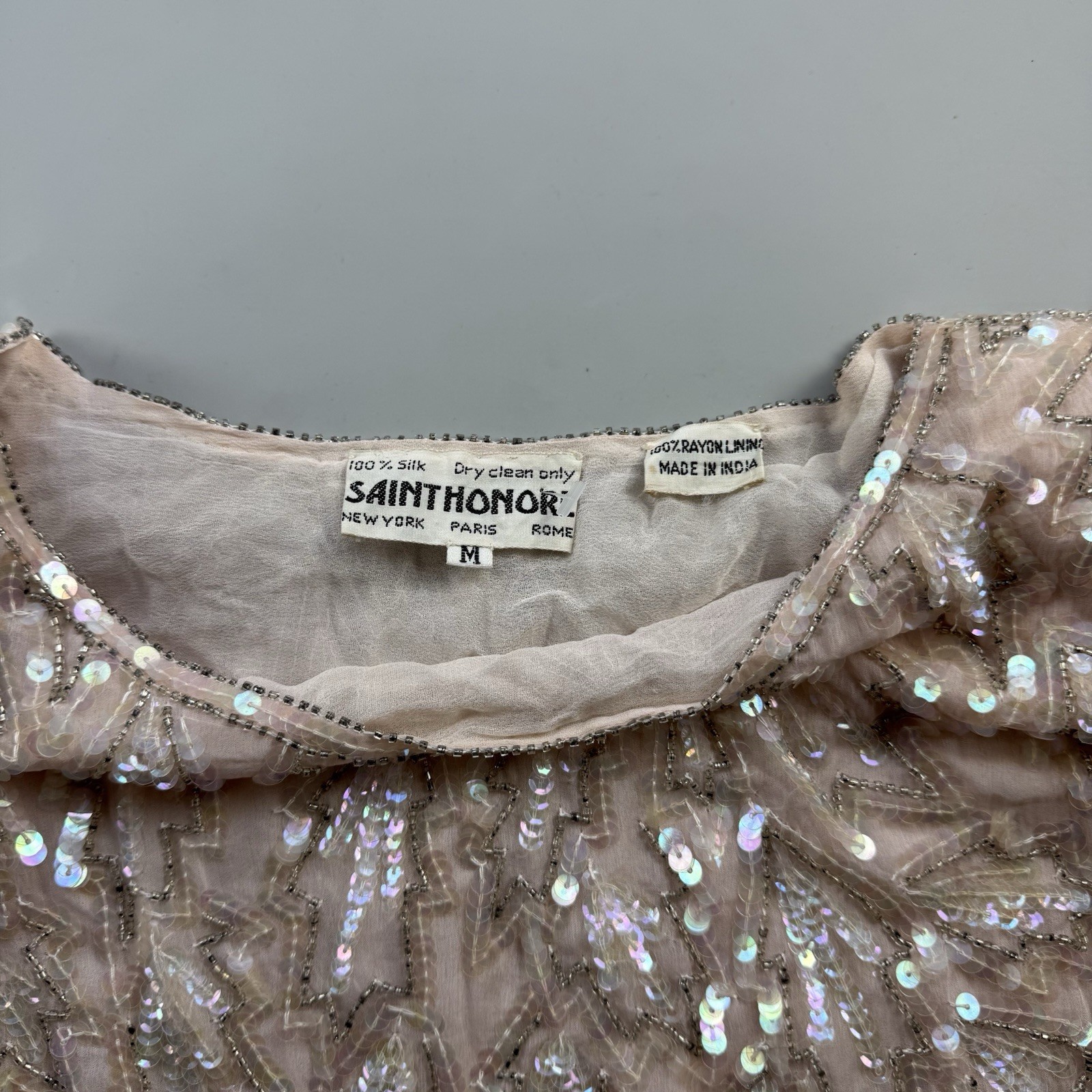 vtg 90s Saint Honore Silk Beaded Sequin Cocktail Dress Blush Pink M Art Deco