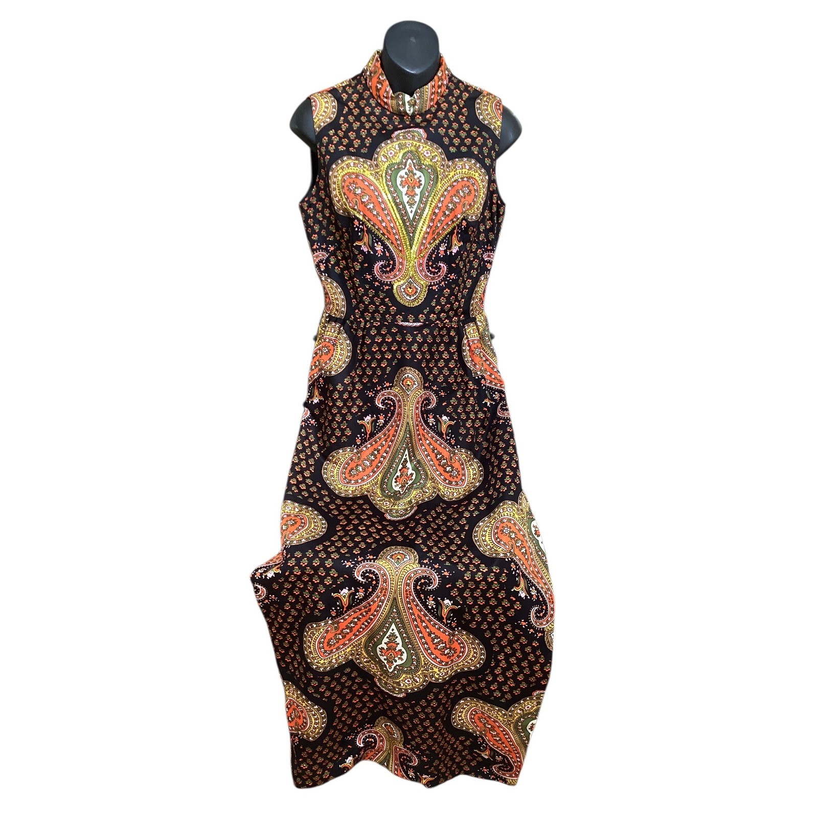 Vintage 60s 70s ILGWU Paisley Maxi Dress Mock Neck Sleeveless Black Orange 13/14