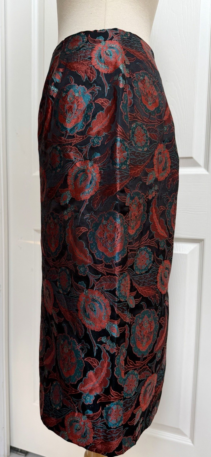 Vintage 80s Jill Richards SZ 8 Nipped Waist Brocade Suit Puff Sleeve Back Bow