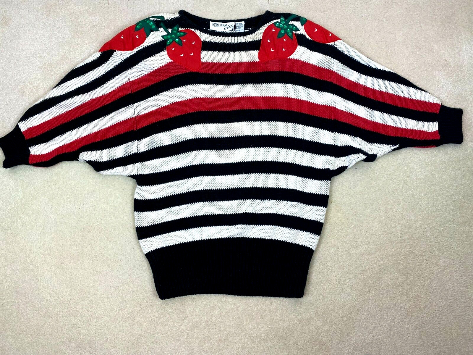 VTG 80s Bonnie Boerer Grannycore Batwing Chunky Sweater S Red Black Striped Knit