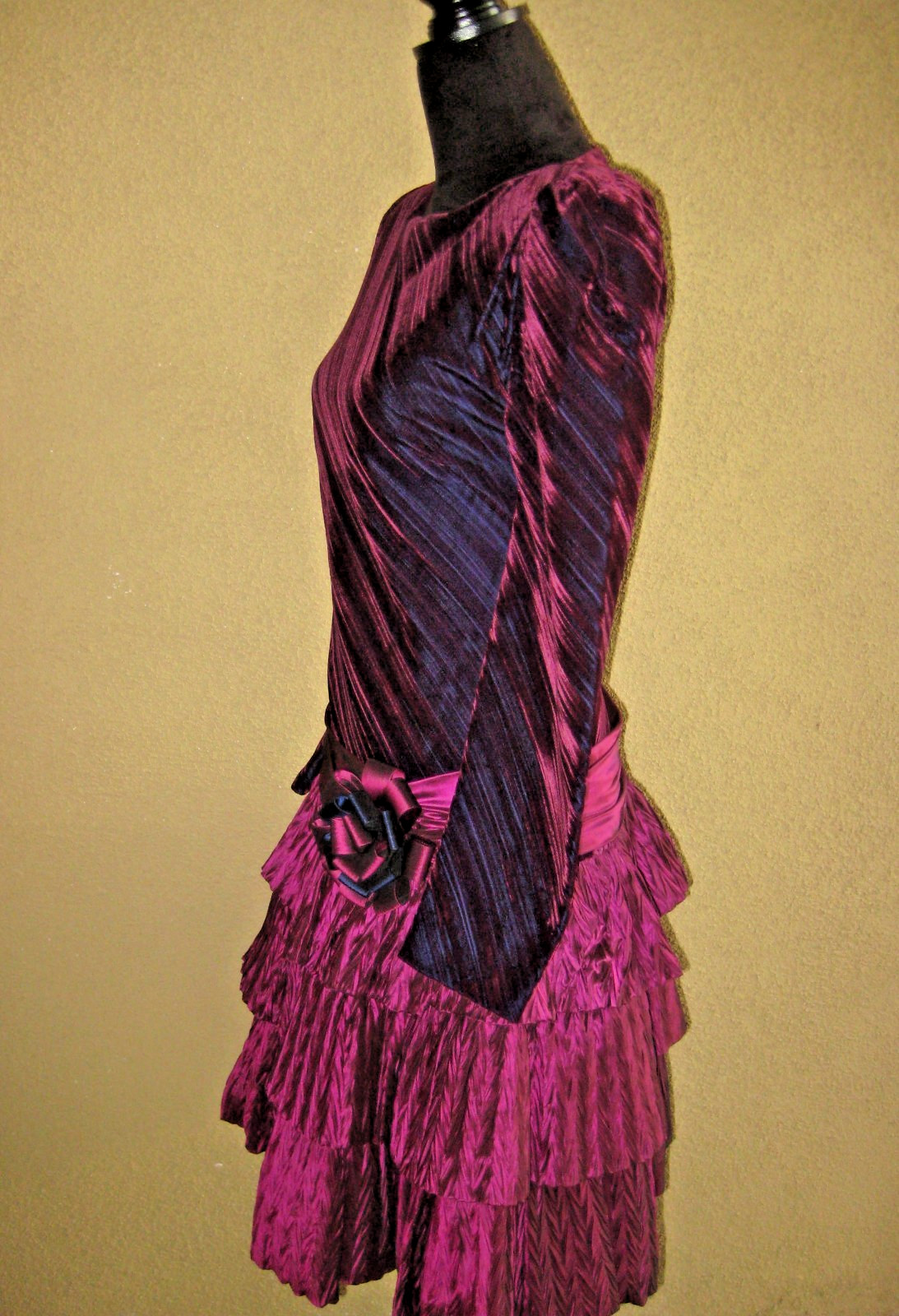 Vintage 80s burgundy/wine velveteen dropwaist taffeta tiered ruffles party dress