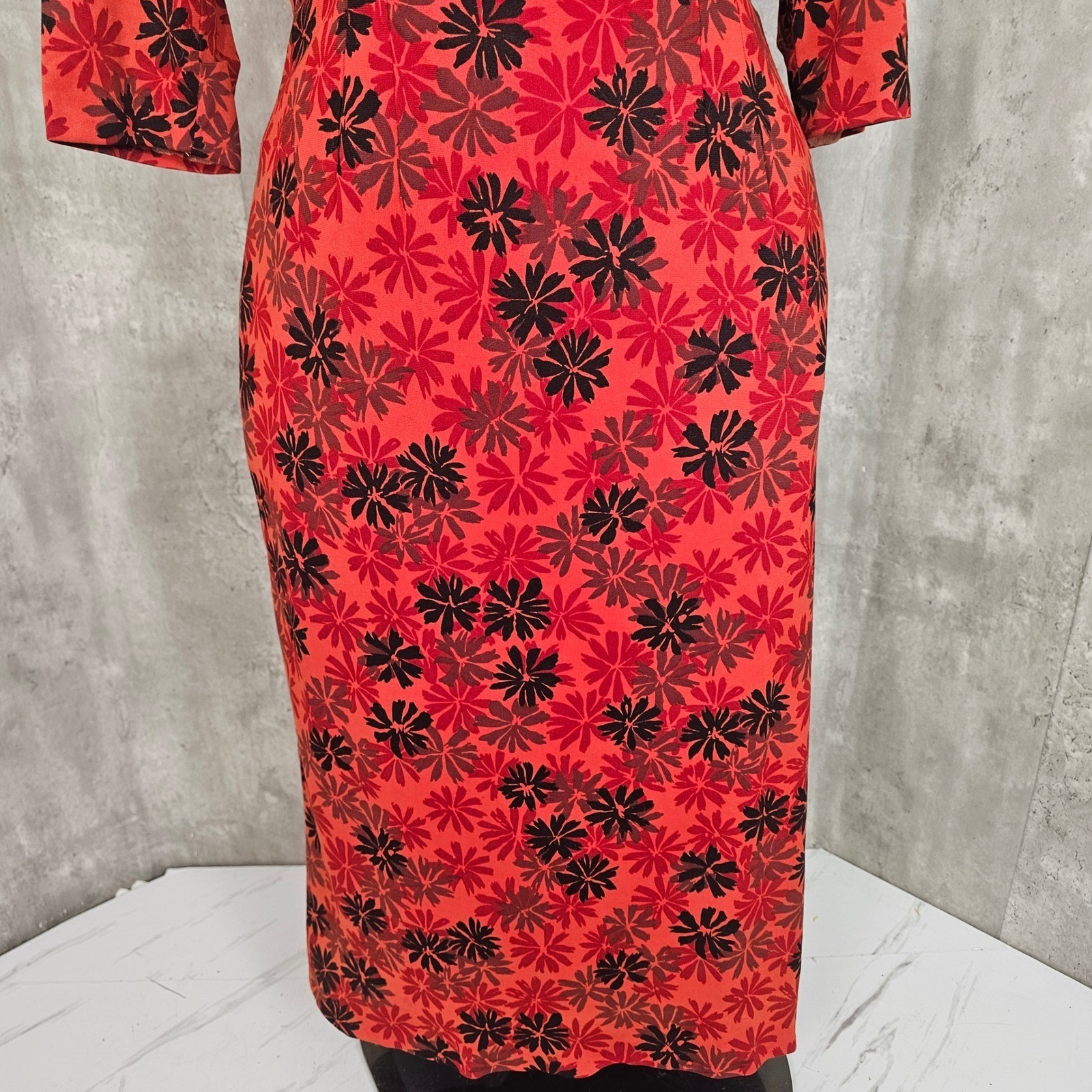 Vintage 60s Red Black Floral Wiggle Draped Back Dress Bow Waist Cocktail Party