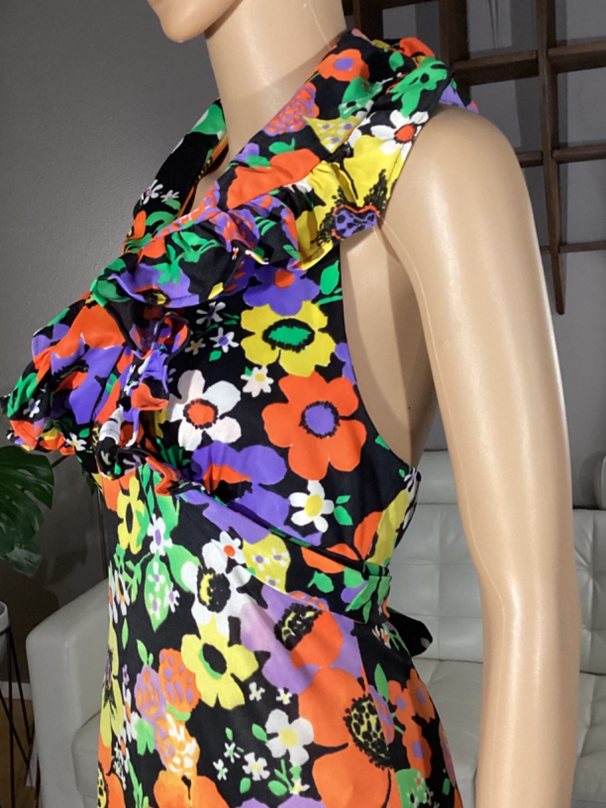 Vintage 70’s Joseph Magnin Bright Floral Flower Power Ruffle Halter Maxi Dress