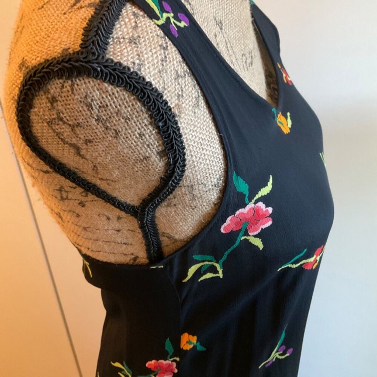 Vintage 80’s Norma Kamali Designer black floral racer back tank maxi midi dress