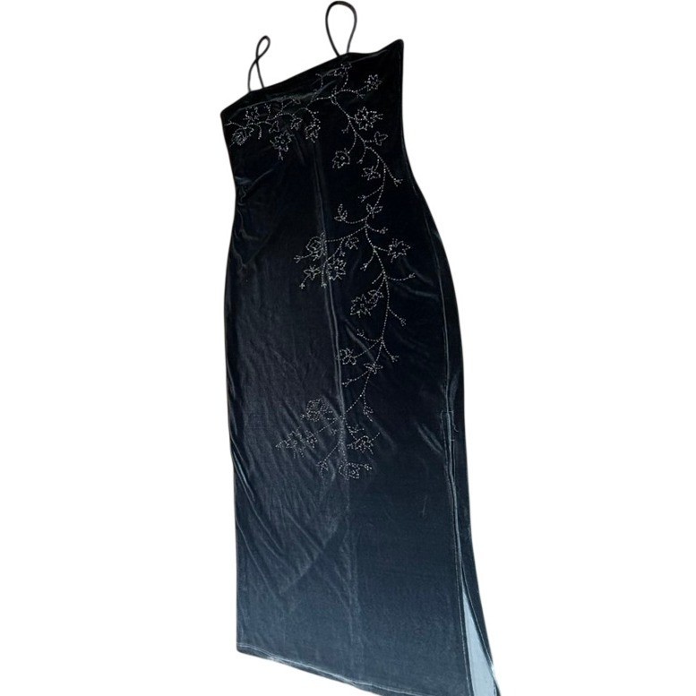 Vintage Blk Velvet Floral Glitter Maxi Dress 99721 S Goth Dark Fairy Y2K Whimsy