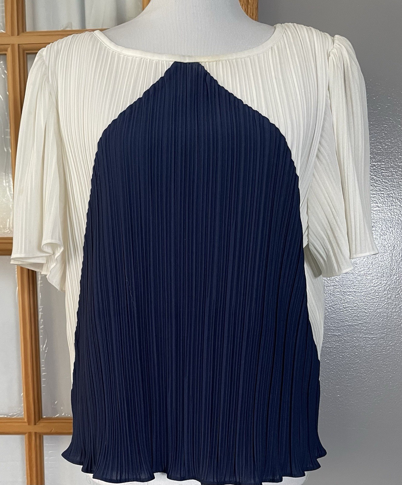 Vtg 70s Pleated Accordion Blouse Sz 16 Navy White Colorblock Career Classic City
