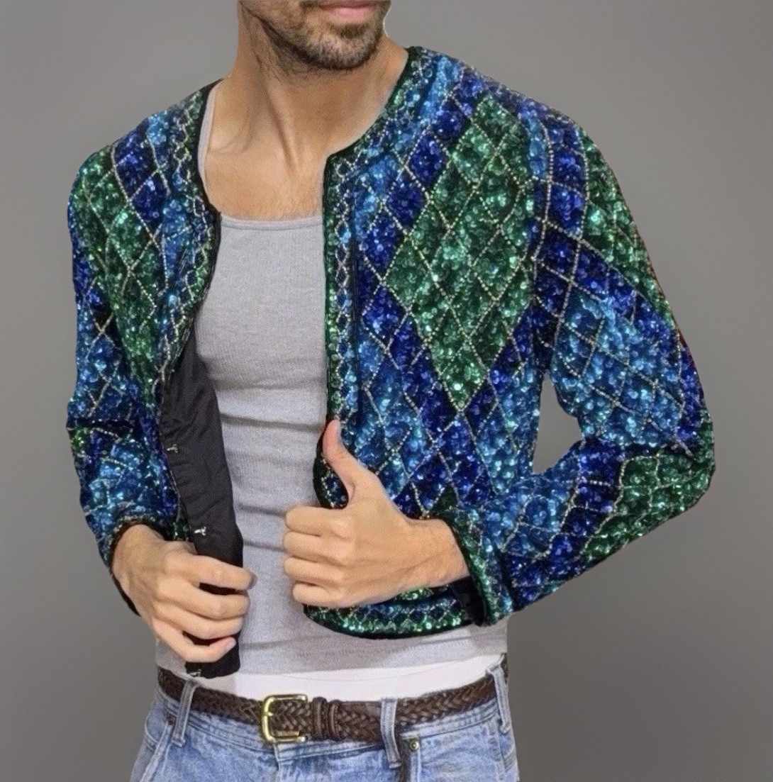 Vintage Lawrence Kazar Sequin Beaded Silk Jacket Blue Green Argyle Cropped L
