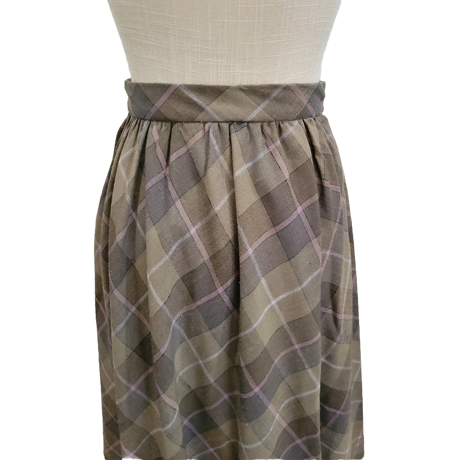 Halston III Vintage Plaid Midi Skirt Womens 4 Brown Mauve 25″ Waist Designer