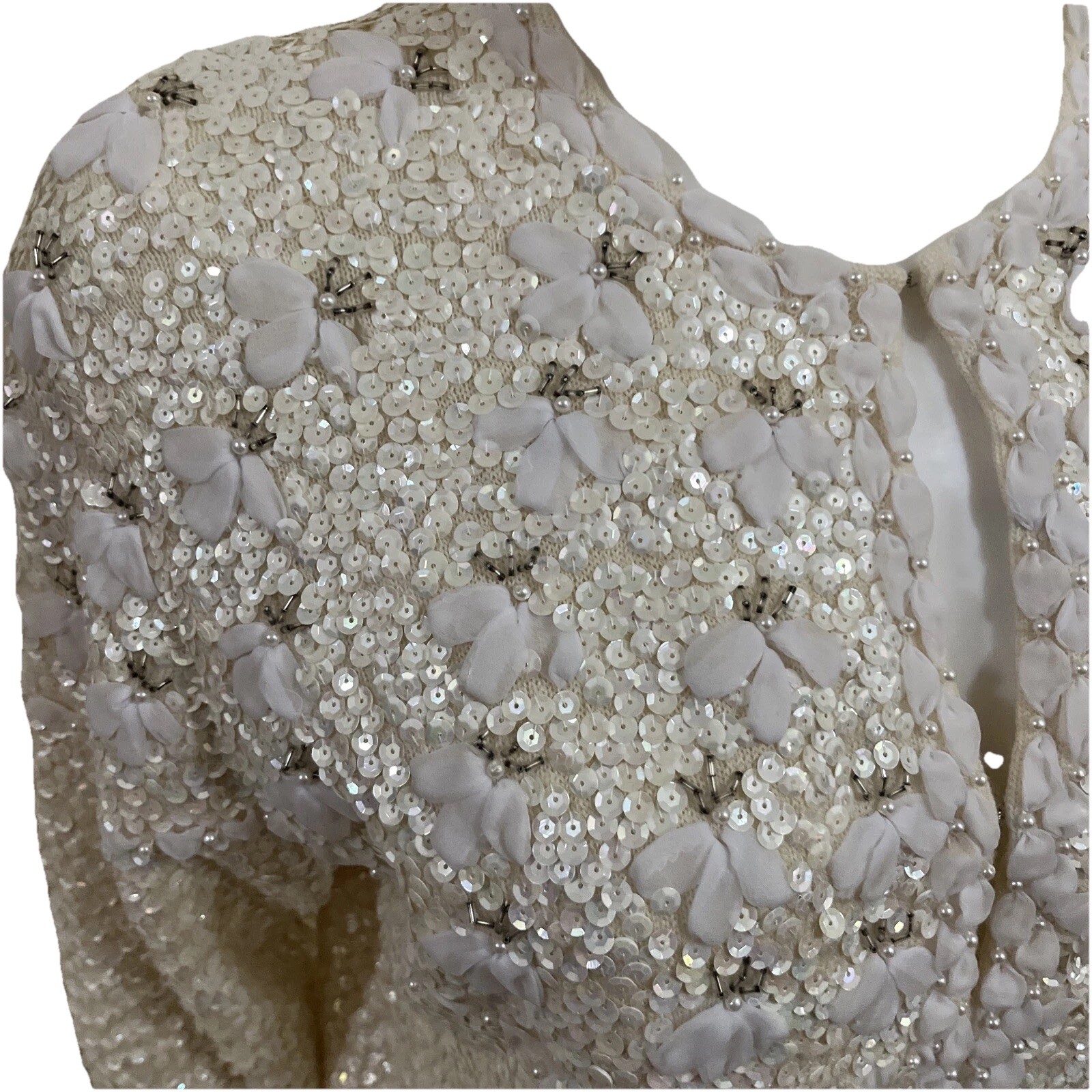 Vintage 1960s White Bouclé Cardigan Sweater Women’s Large Tailored Wool Beaded