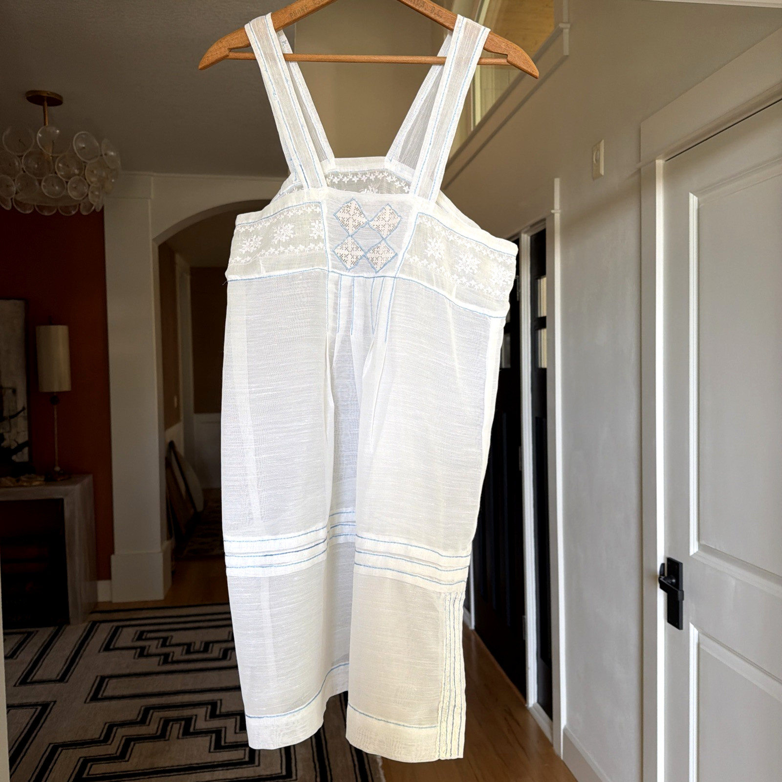 VTG 80s White Sheer Slip Dress Pintuck Embroidered Pinafore Apron Small Coquette