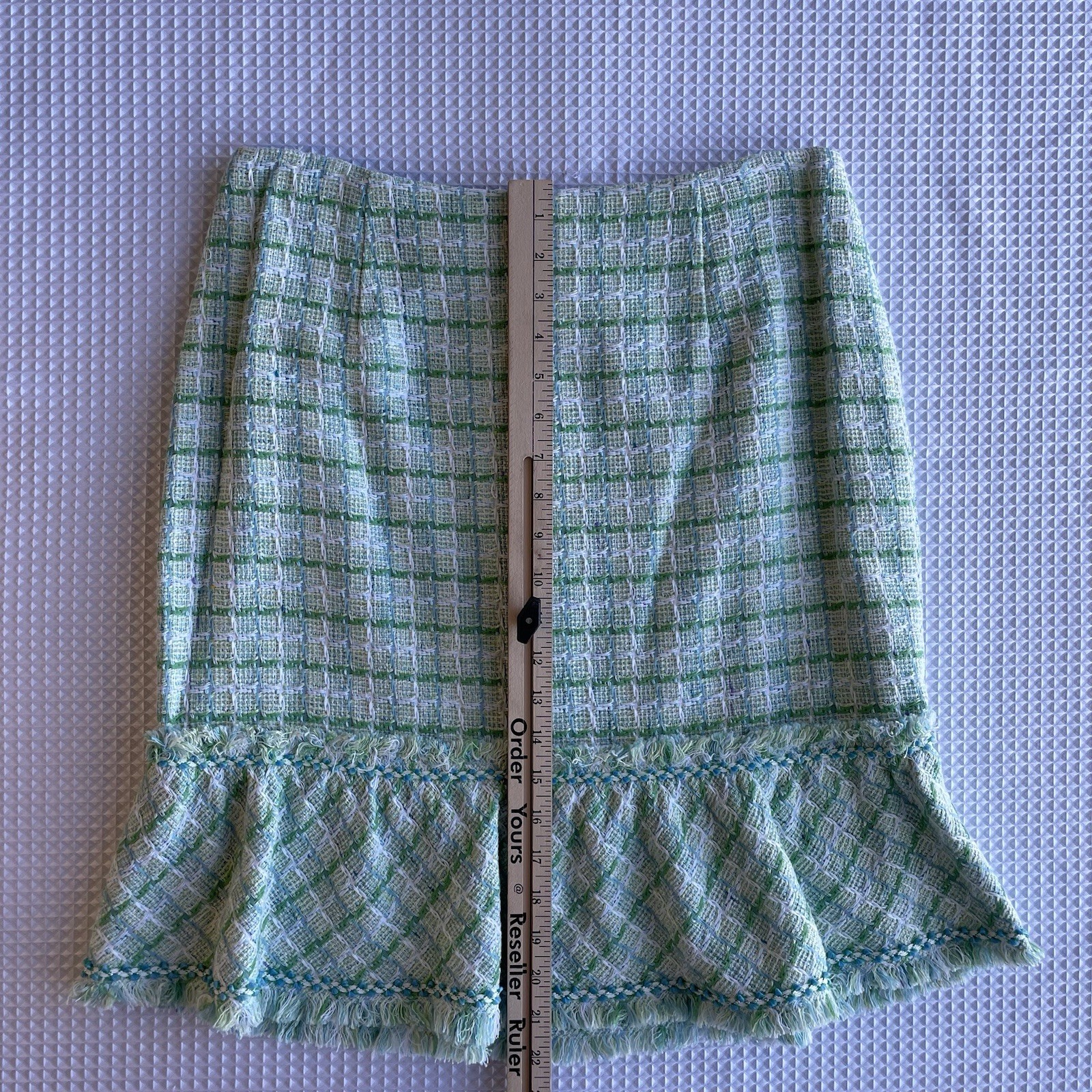 Kay Unger New York Tweed Jacket Skirt Suit | Fringe Trim | Pastel Green Sz 12