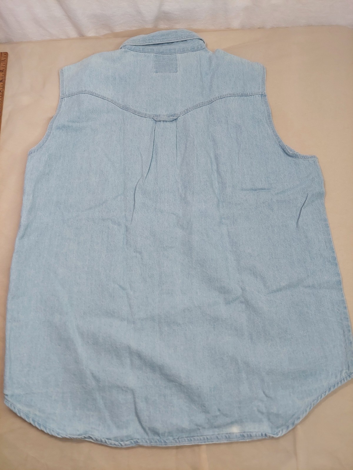 Vintage Denim Shirt L Sleeveless Western Zig Zag Boho Cowgirl 90s 100% Cotton