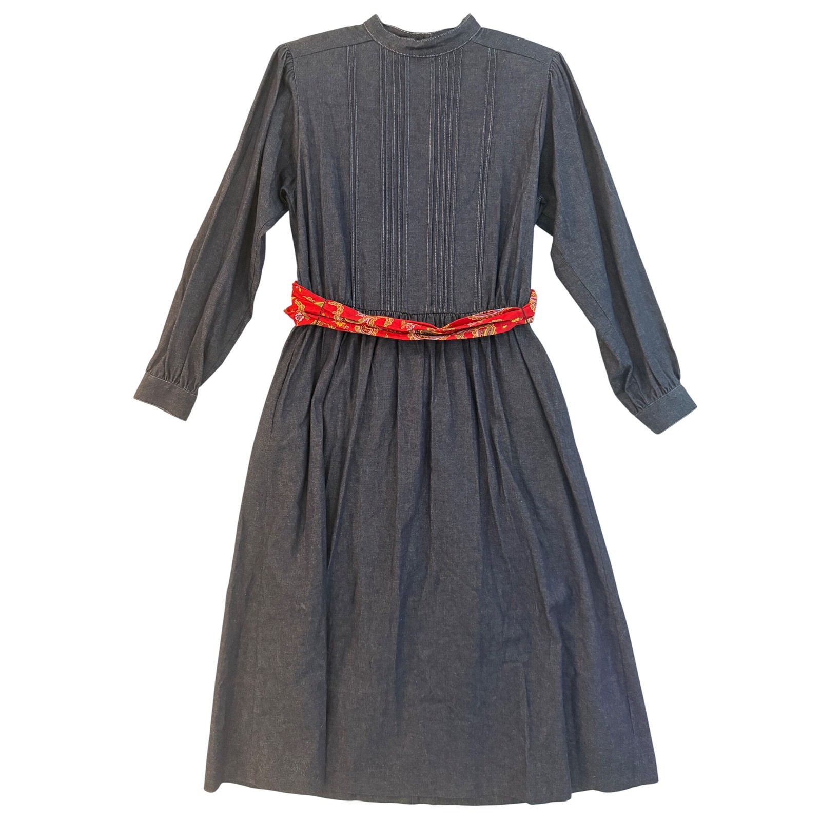 J.G. Hook Vintage Denim Midi Dress Womens 12P Petite Pleated Bib Paisley Belt