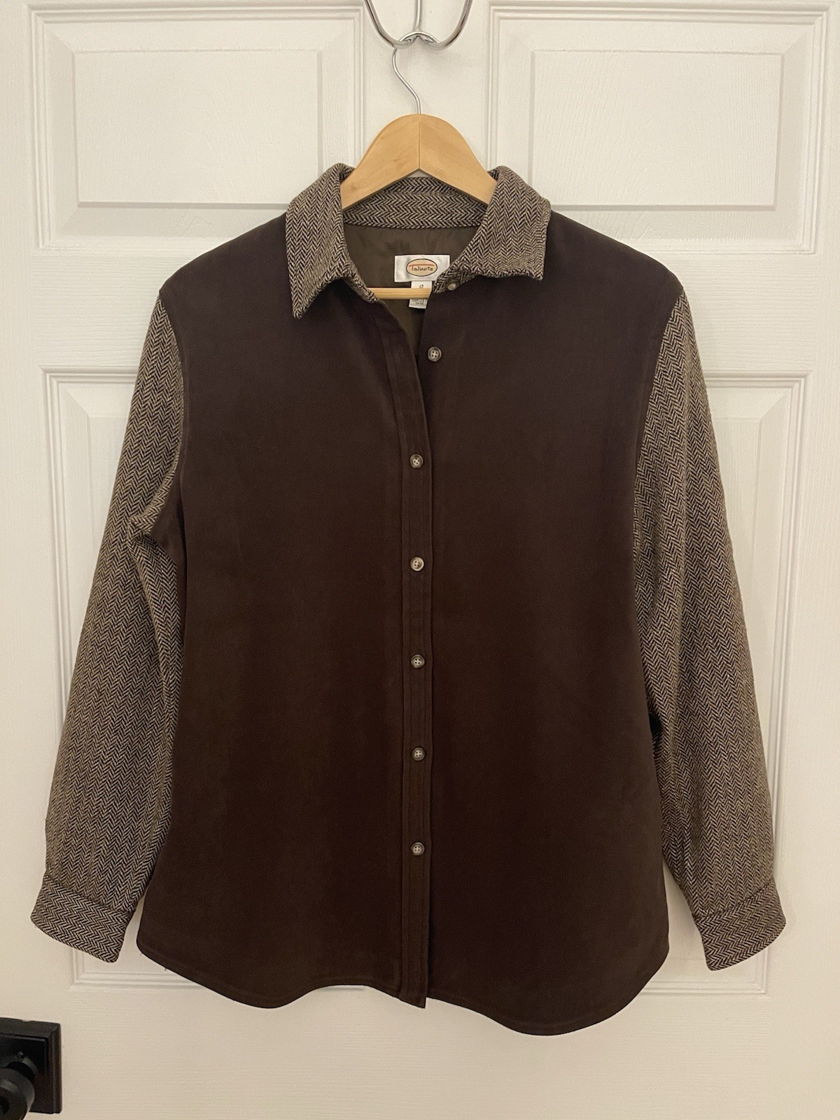 Talbots Vintage Womens 12 (L) Old Money Look Tweed Wool Blend Suede Look Shirt