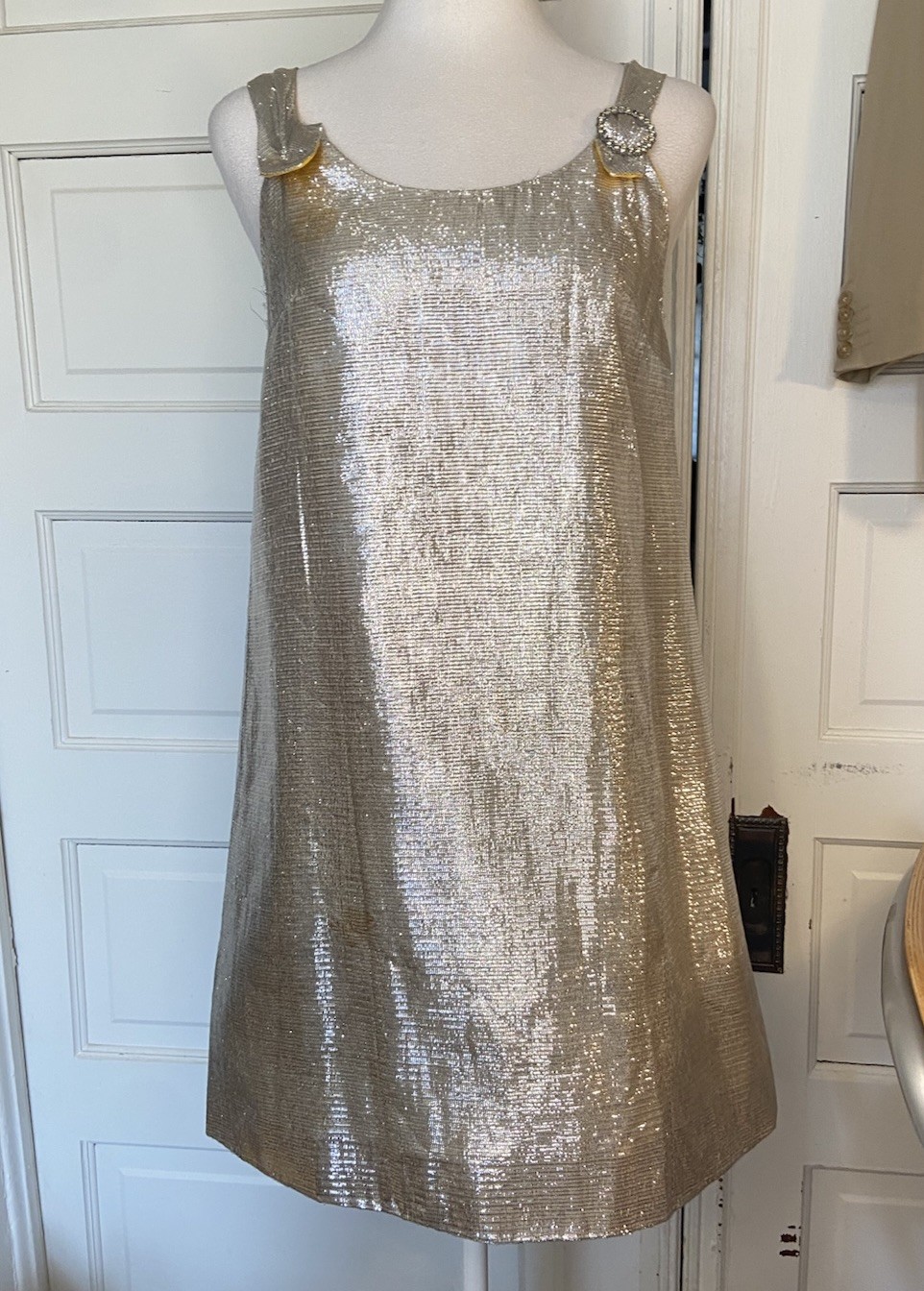 Vintage 60s Space Age Tinsel Foil Mini Dress Marigold Yellow Lining Mod GoGo S