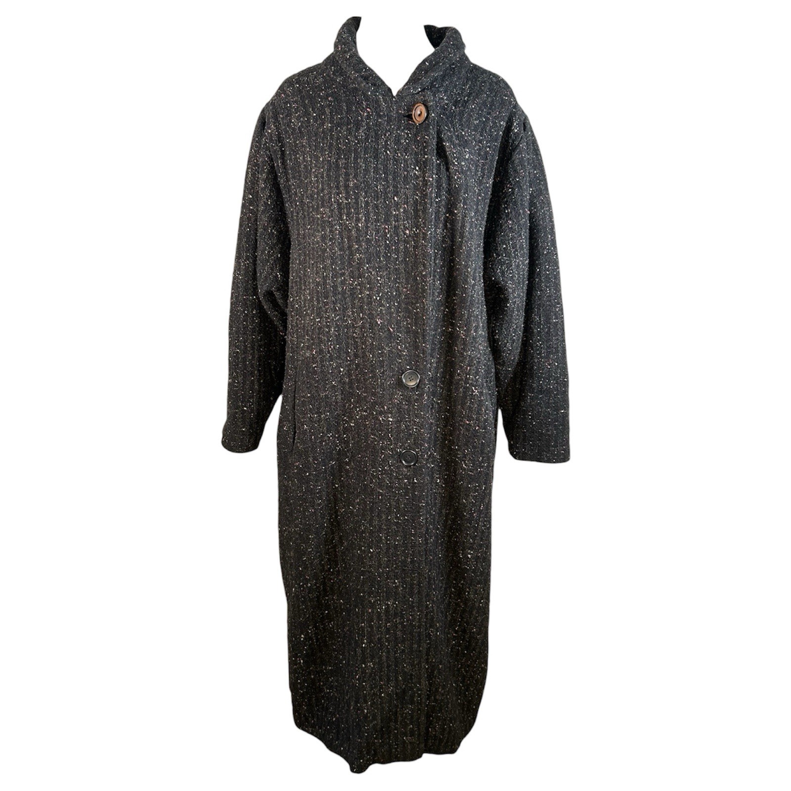 VTG 80s Speckle Tweed Pink Grey Asymmetrical Long Coat Batwing Sleeve Womens L