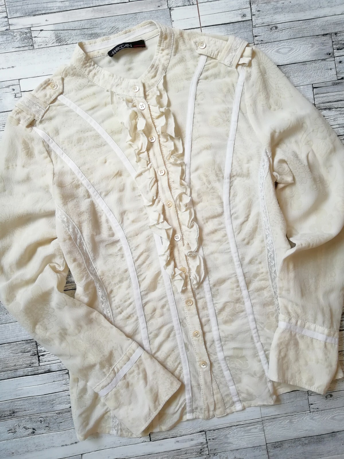 Vintage 90’s Marc Cain Woman Silk Blouse Chiffon Lace Shirt Ivory Buttons Size 4