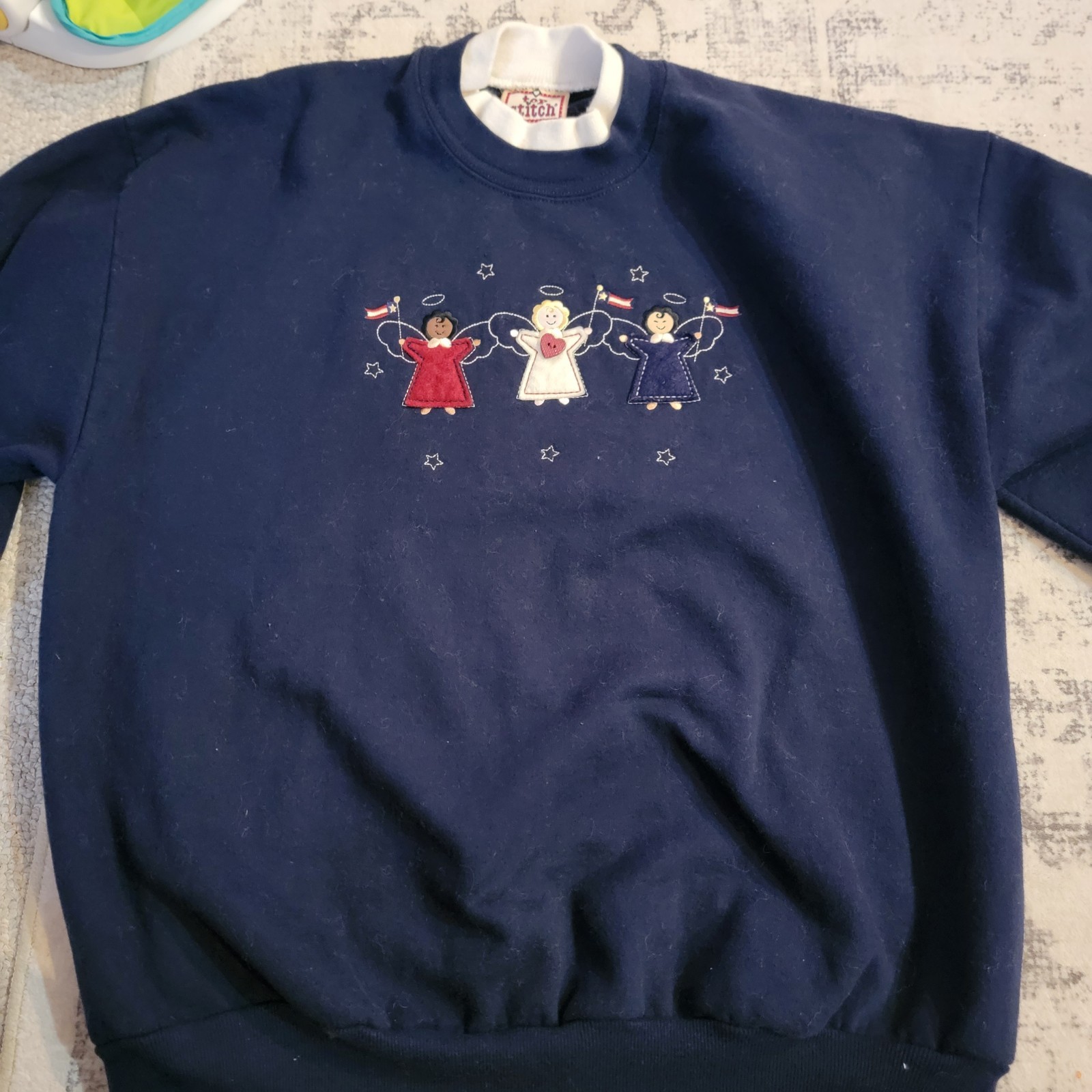 Vintage Y2k Ladies Top Stitch Morning Sun Embroidered Angel navy sweatshirt XL