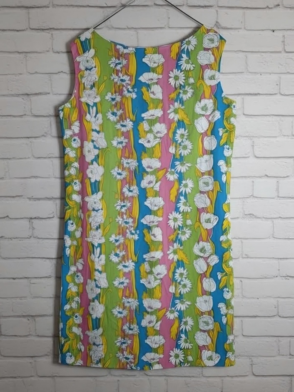 VTG Women’s 60s Floral Stripe Mod Midi Linen Shift Dress Sz M 1960s