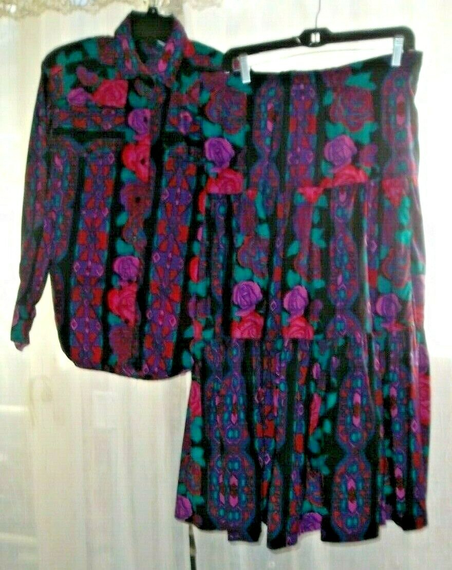 EUC Vintage Adobe Rose Western Outfit Shirt/ Blouse S & Full Tiered Skirt M Set