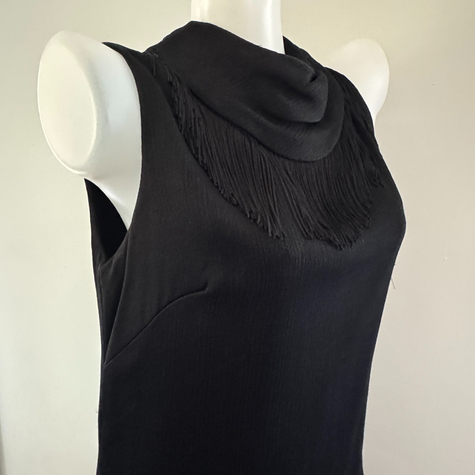 vtg 60s MISS THEME NY Black Go-Go Dancer FRINGE Mini Shift Dress Costume Mod LBD