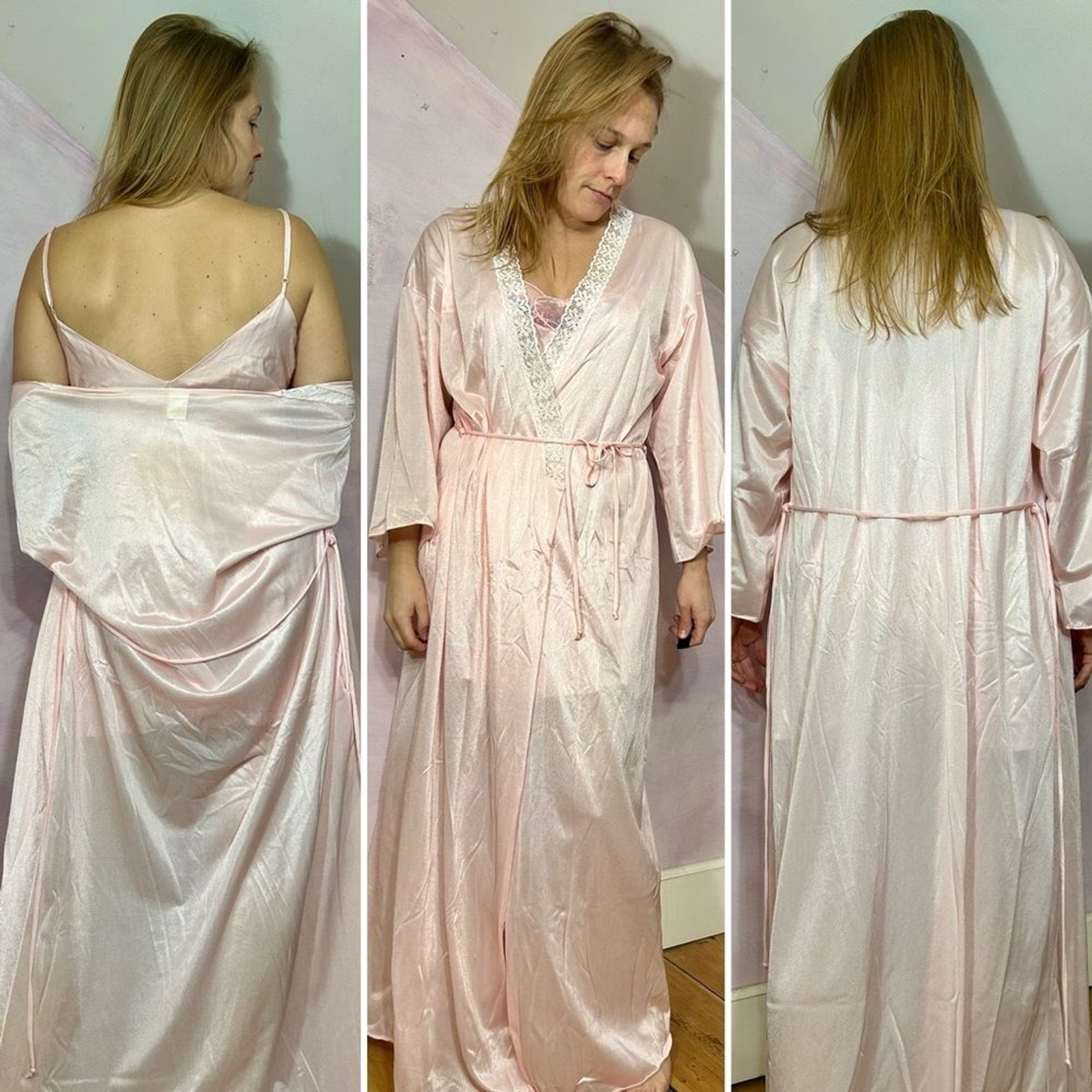 Avon Dreamy Nights Vintage Satin Peignoir Robe size 36/44 Lace Accents Tie Wrap