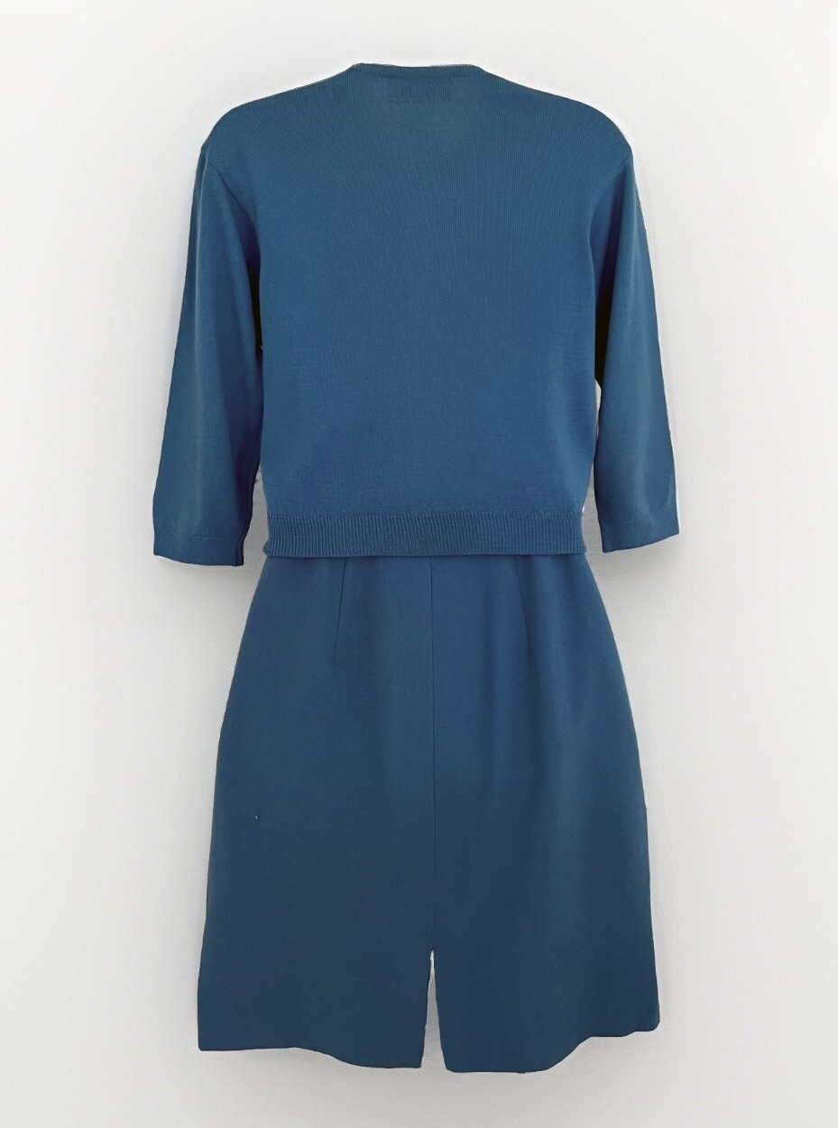 Vintage JANTZEN Sweater &Wool Bl. Skirt Set Sz M/L Blue Button Up Cardigan 1960s