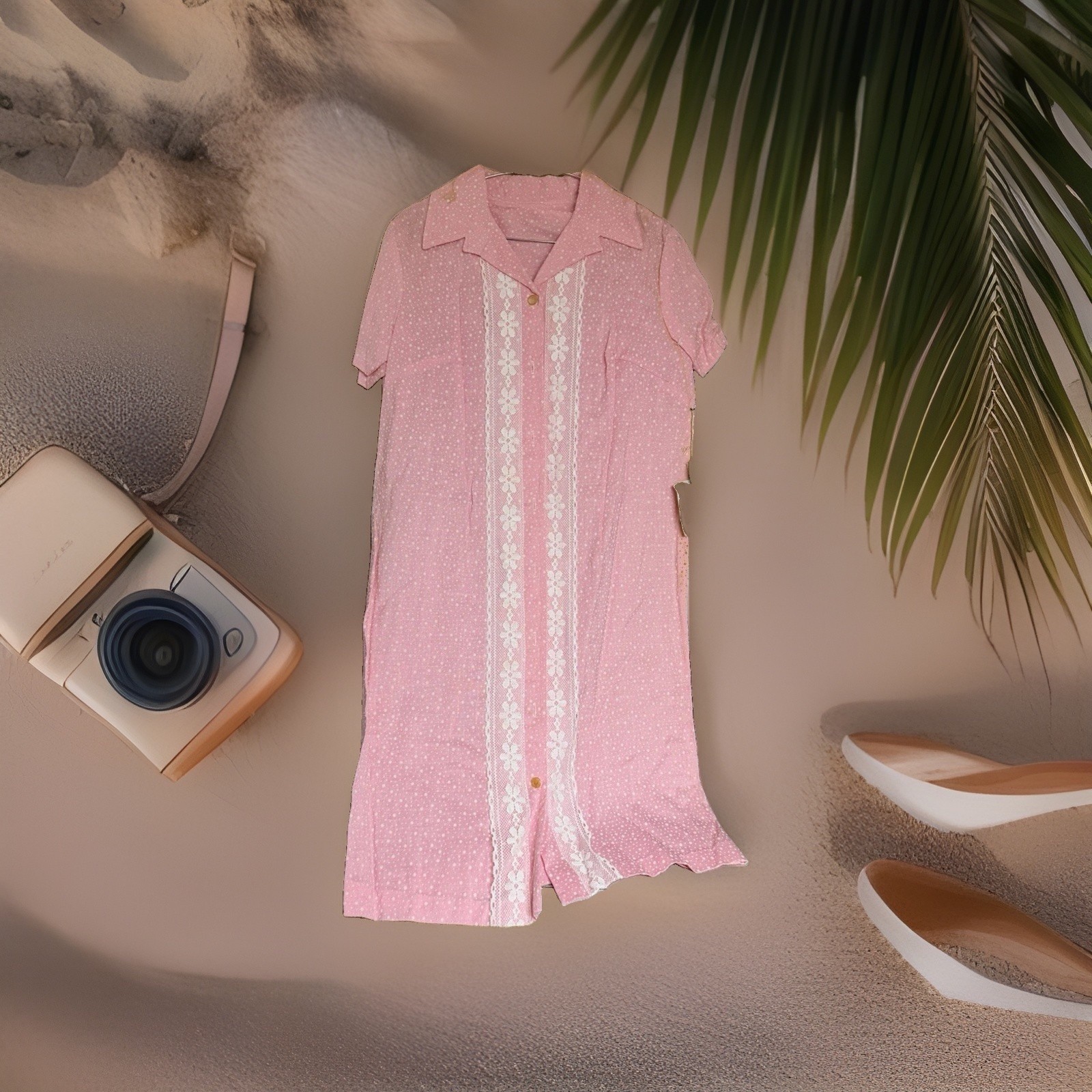 VTG 60s Pink Polka Dot Duster House Dress NWT NOS Rayon Jeralin Lace Sz 14