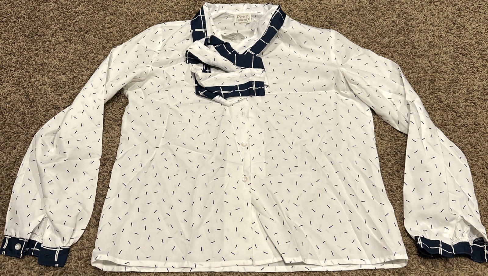 VTG Pierre Lamonte 80’s-90’s Blouse Blue & White Button Up Size L B31