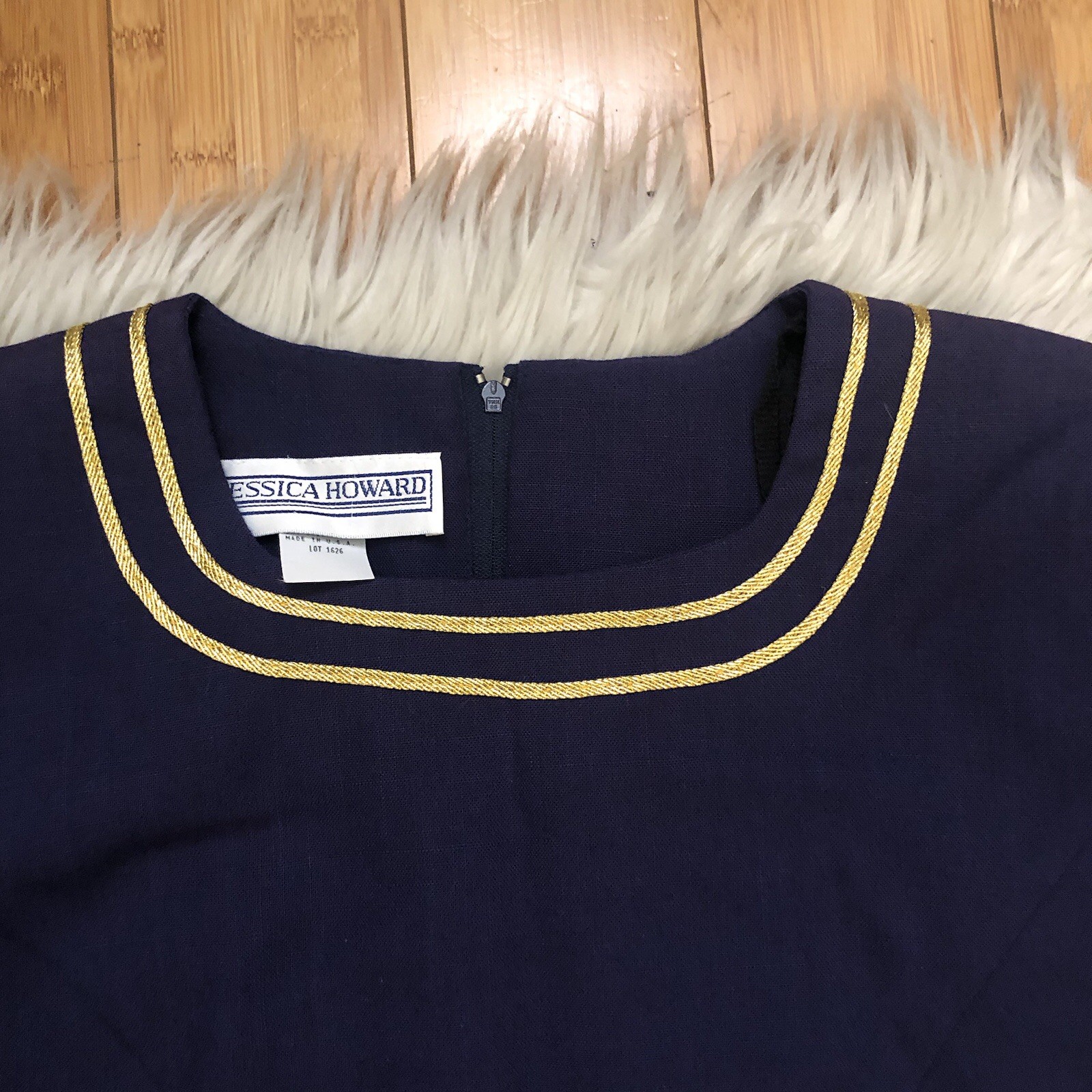 Jessica Howard Sailor Nautical Stars Linen Navy Gold Trim Sheath Dress size 6