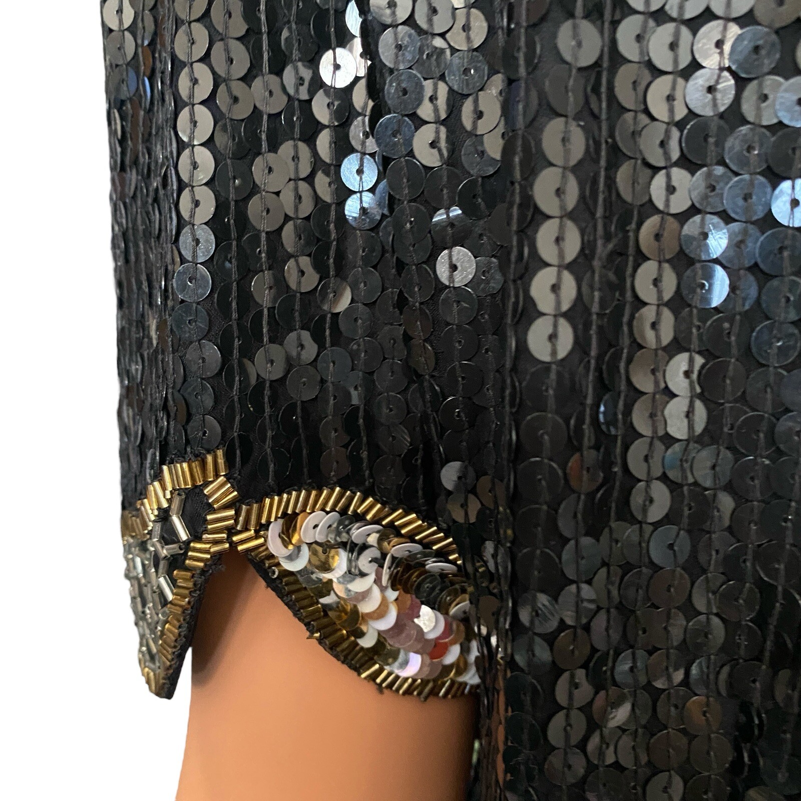 80s Sequin Beaded 100% Silk Black Gold Top Evening Sz S VTG Glamorous Party