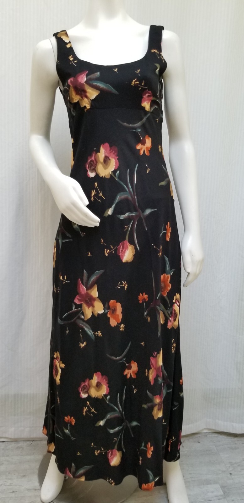 Vintage 1990’s JAY JACOBS Black Floral Rayon Tie Back Dress – Size S/M – EUC
