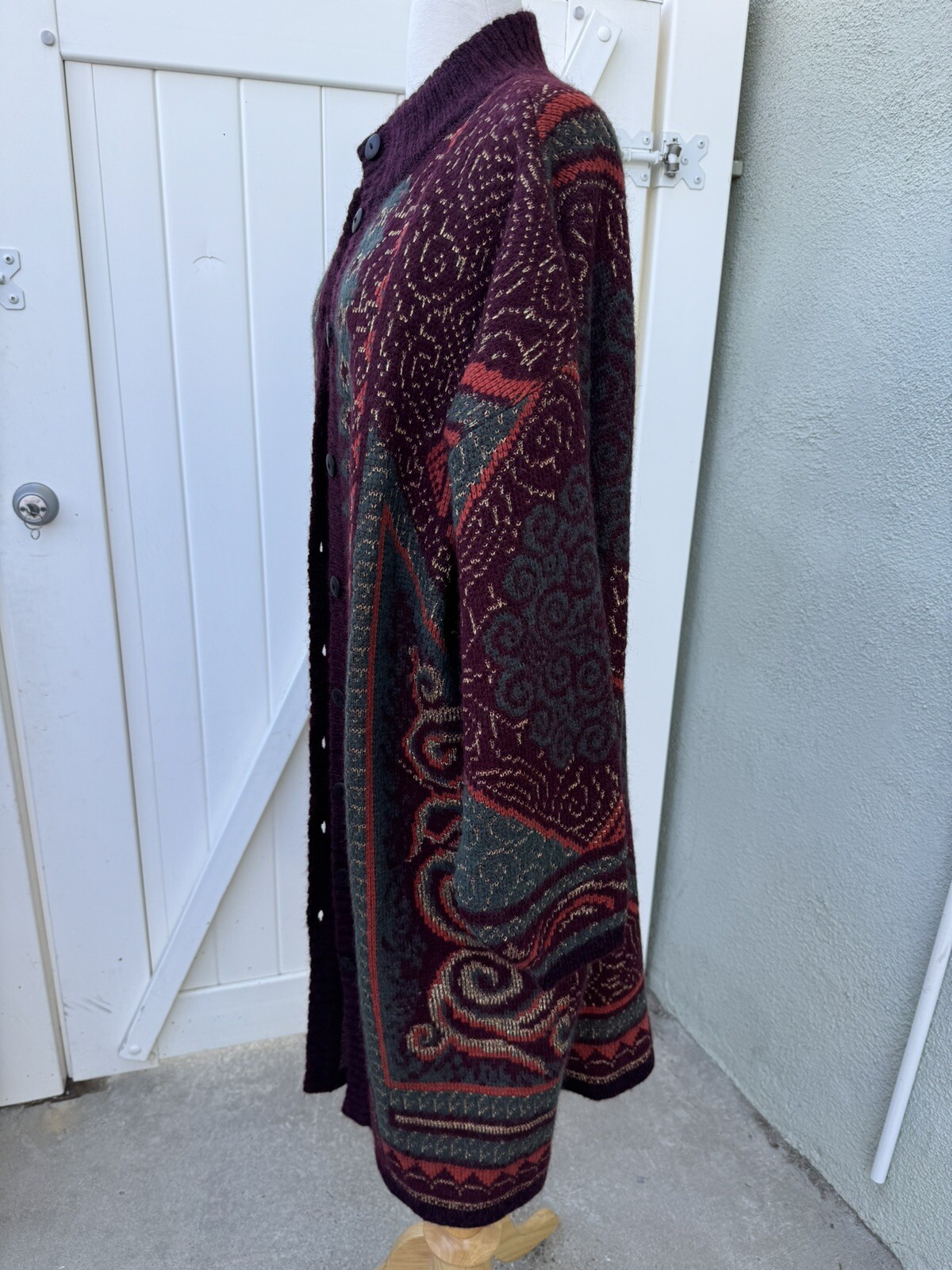 Vtg Cervelle Long Sweater Duster Size XL Burgundy Gold Wool Lurex Fall Pockets