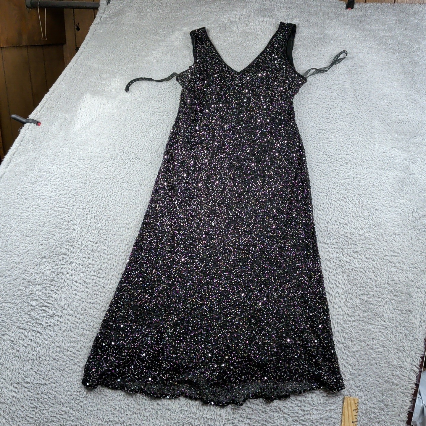 VTG Stenay Dress Womens 14 Black Beaded Elegant Silk Layered Slip Evening