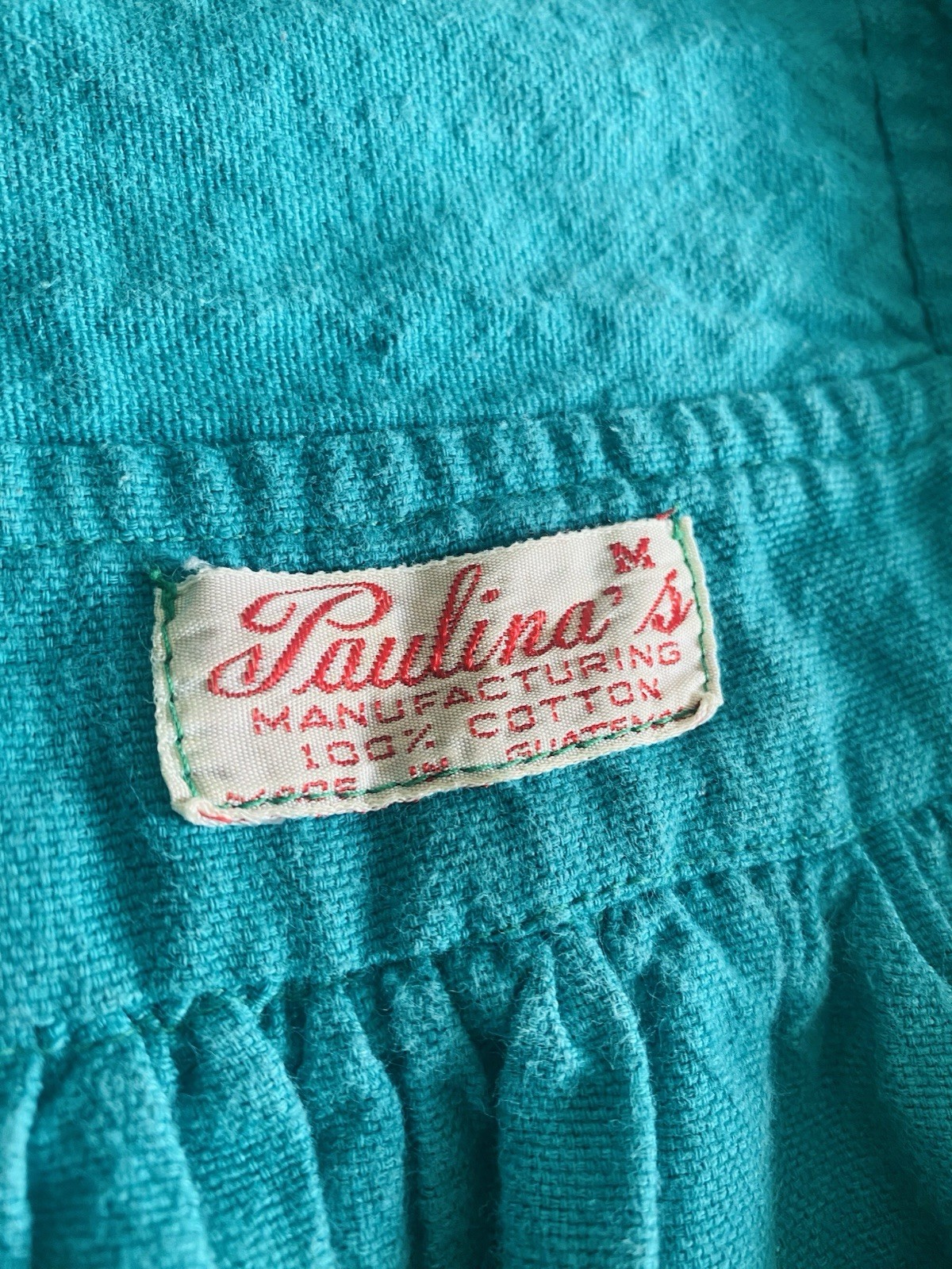 VTG 70s Paulina’s Embroidered Mexican Peasant Dress Teal Woven Cotton Boho M