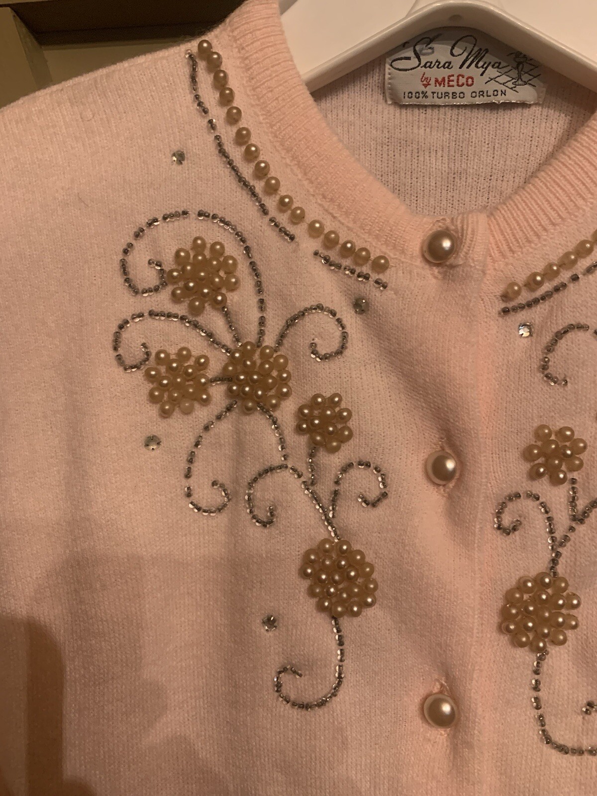 Vintage A Sara Mya By Meco 100% Turbo Orlon 1950’s Pink Embroidered Sweater
